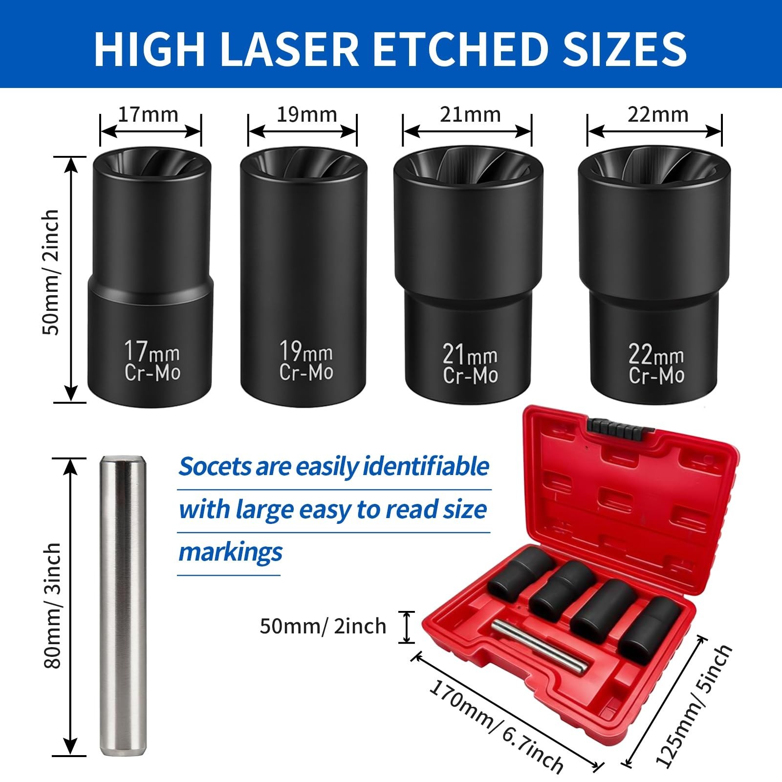 5-Piece Wheel Nut Removal Tool Set, 1/2″ Impact Socket & Bolt Extractor Kit, 17-