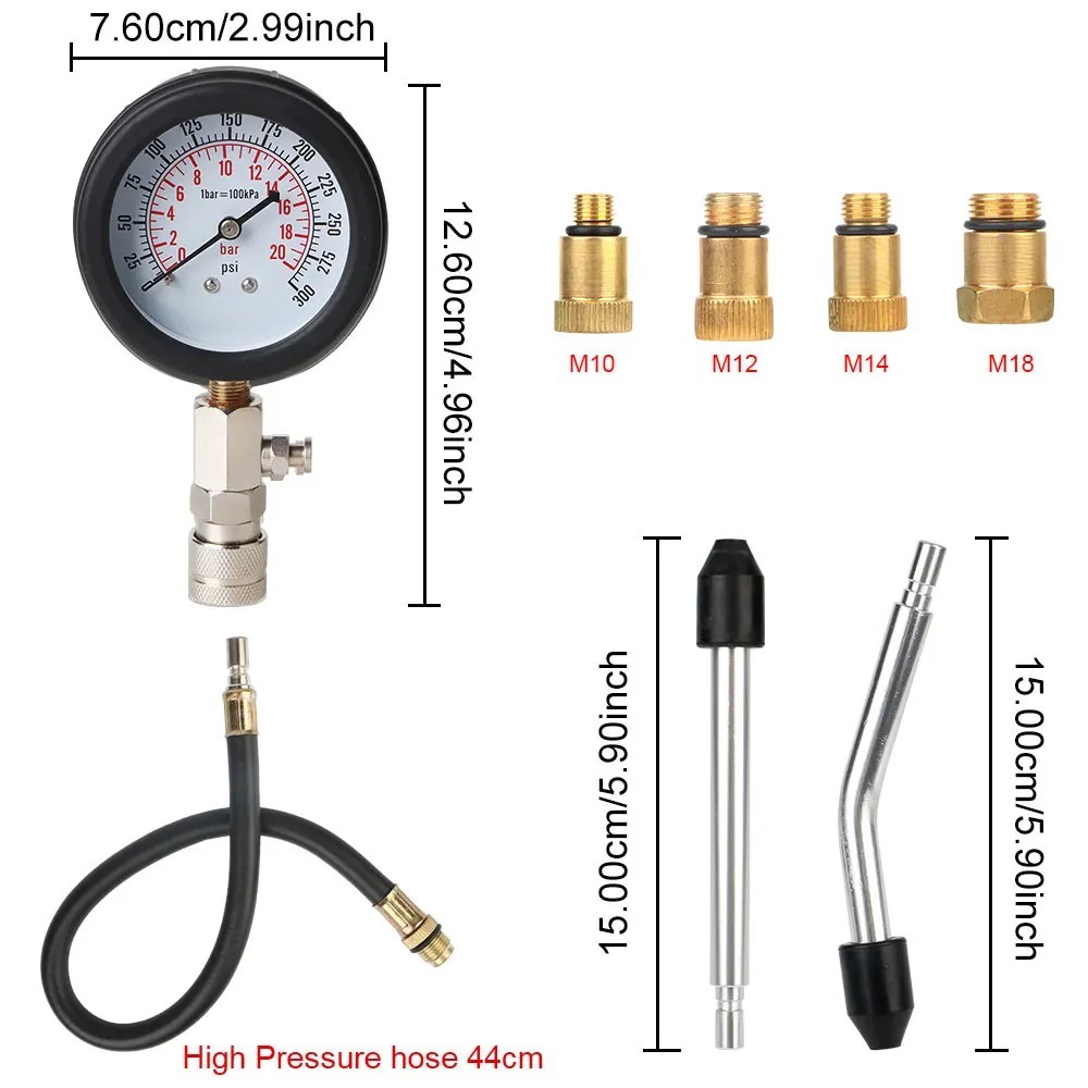 Engine Cylinder Compression Tester Kit Gauge M10 M12 M14 M18 Petrol Gas Auto