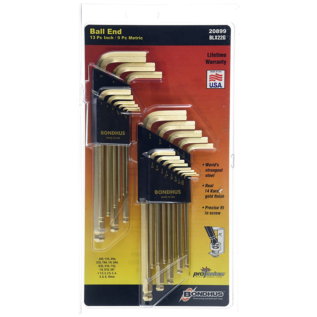 Bondhus 20899 13 Piece Fractional & 9 Piece Metric Hex Ball End Wrench Set