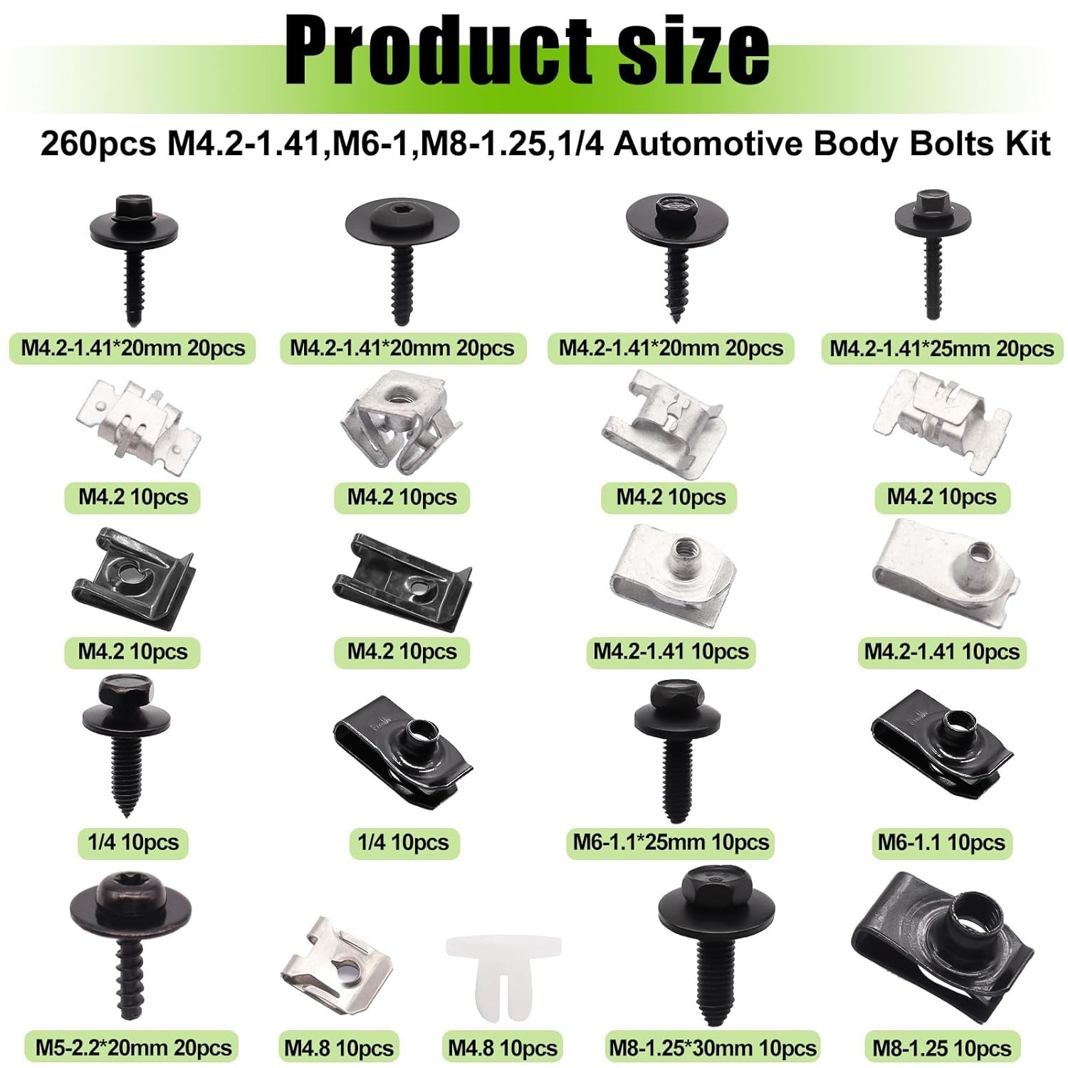 260PCS U-Nut Clips & Automotive Body Fender Bolts Kit,for Most Cars Fender,En…