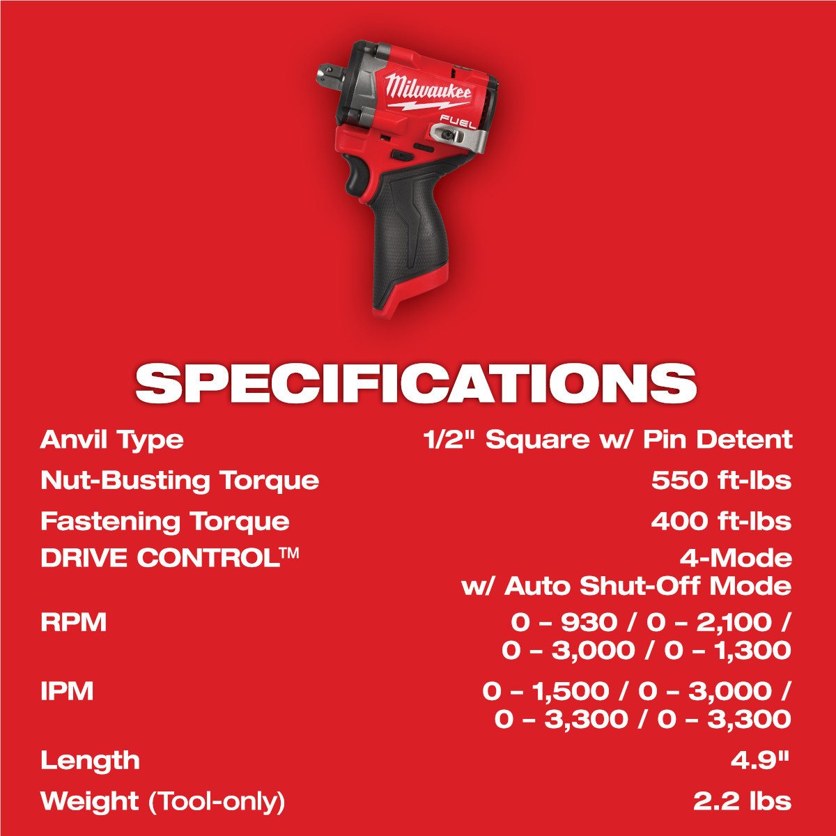 Milwaukee Tool M12 FUEL Stubby 1/2 Inch Impact Wrench with Pin Detent