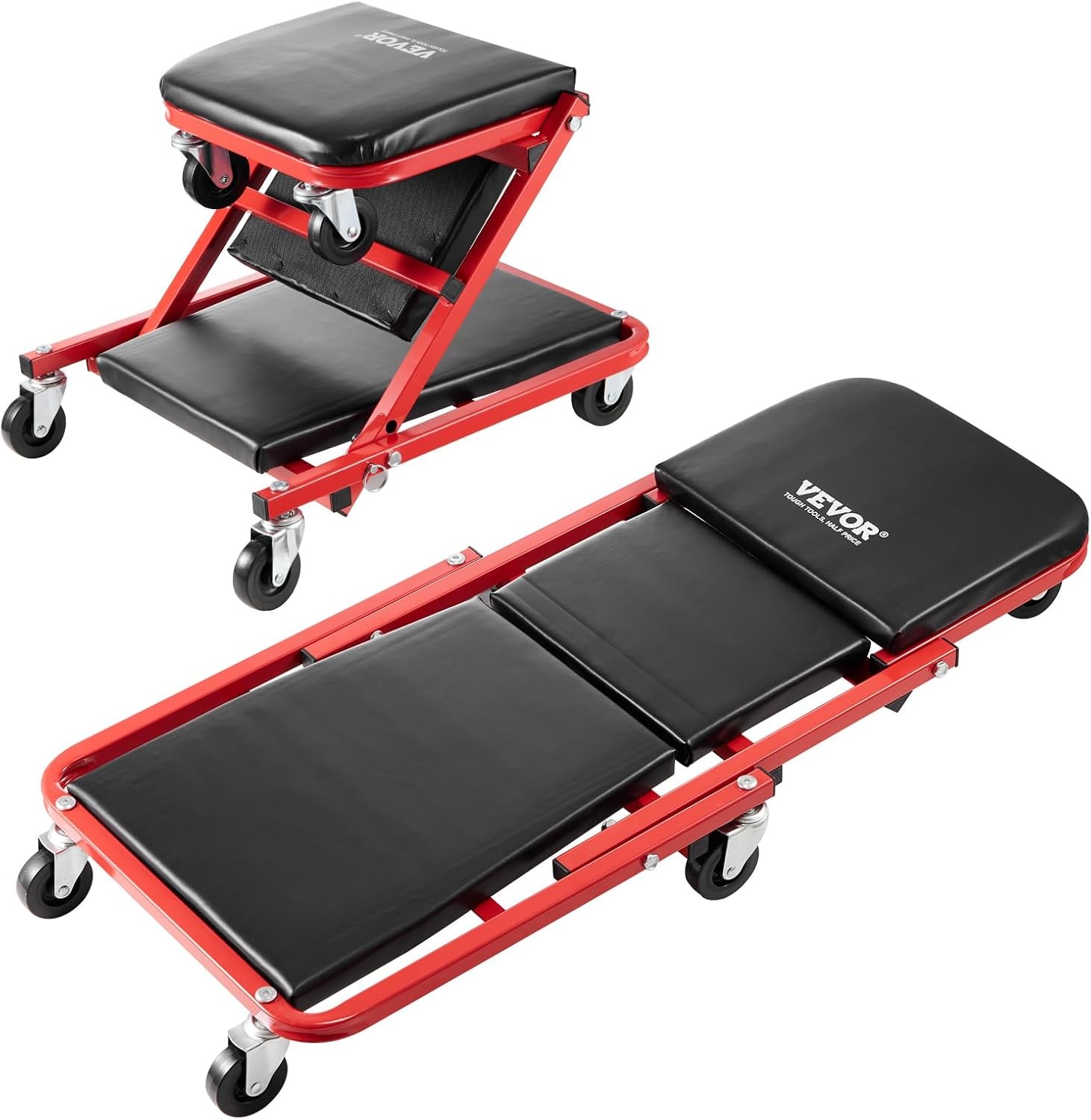 VEVOR Foldable Z Garage Creeper, 36 in, 300 lbs Load Capacity Rolling Red