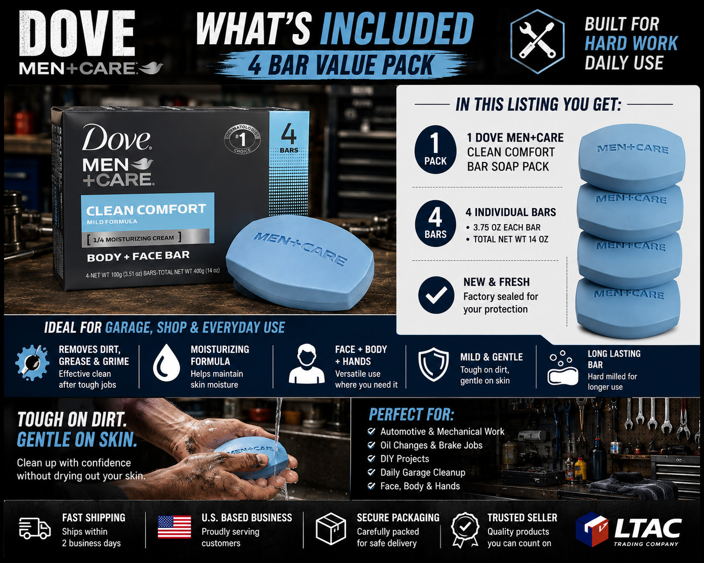 Dove Men+Care Bar Soap 4 Pack Clean Comfort Garage Shop Use Mechanics Body Face