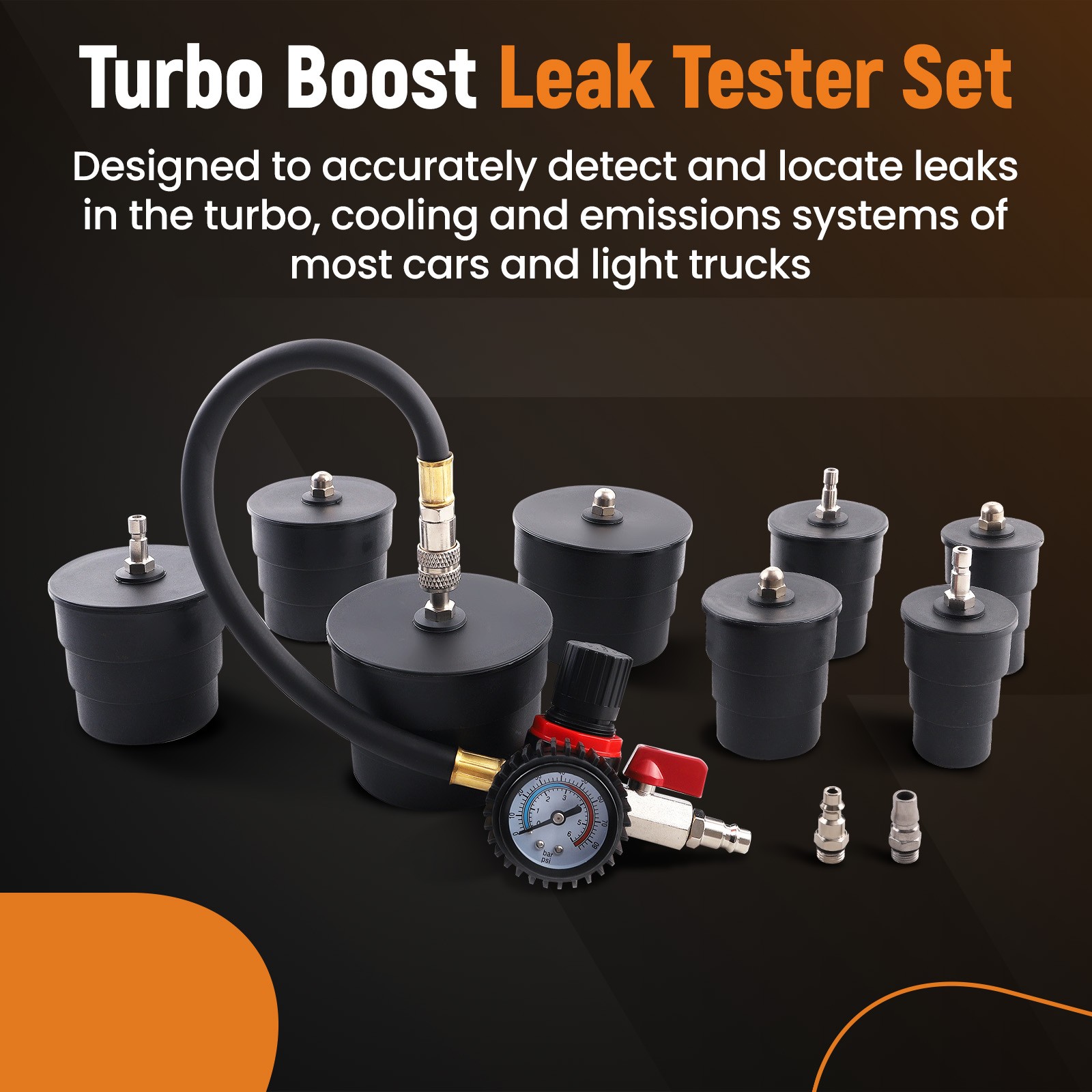 Turbo System Leakage Tester Set 4 pairs of 35 40 45 mm stepped adapters