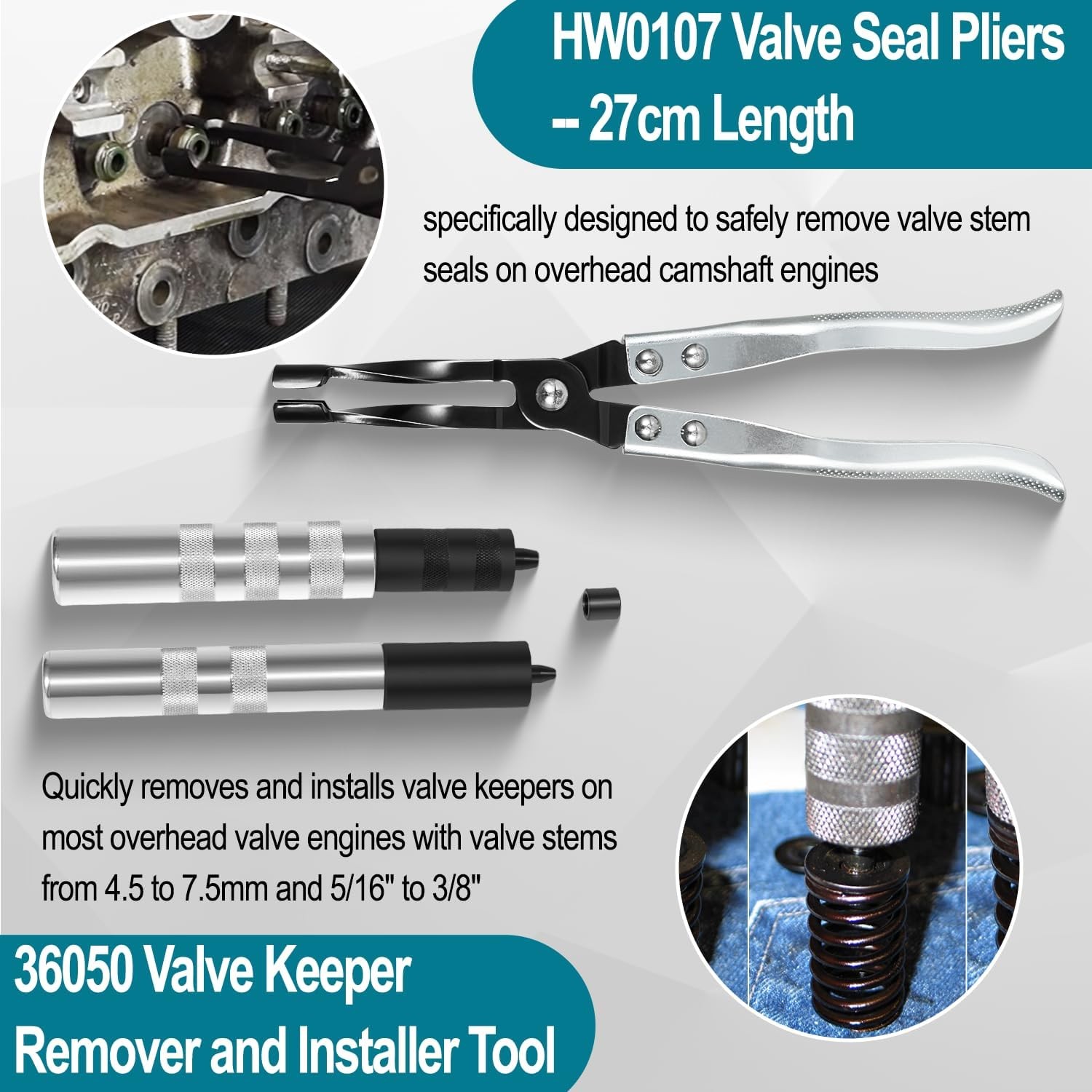 36050 Valve Keeper Remover & 19700 Valve Holder + Valve Stem Seal Plier Tool Set
