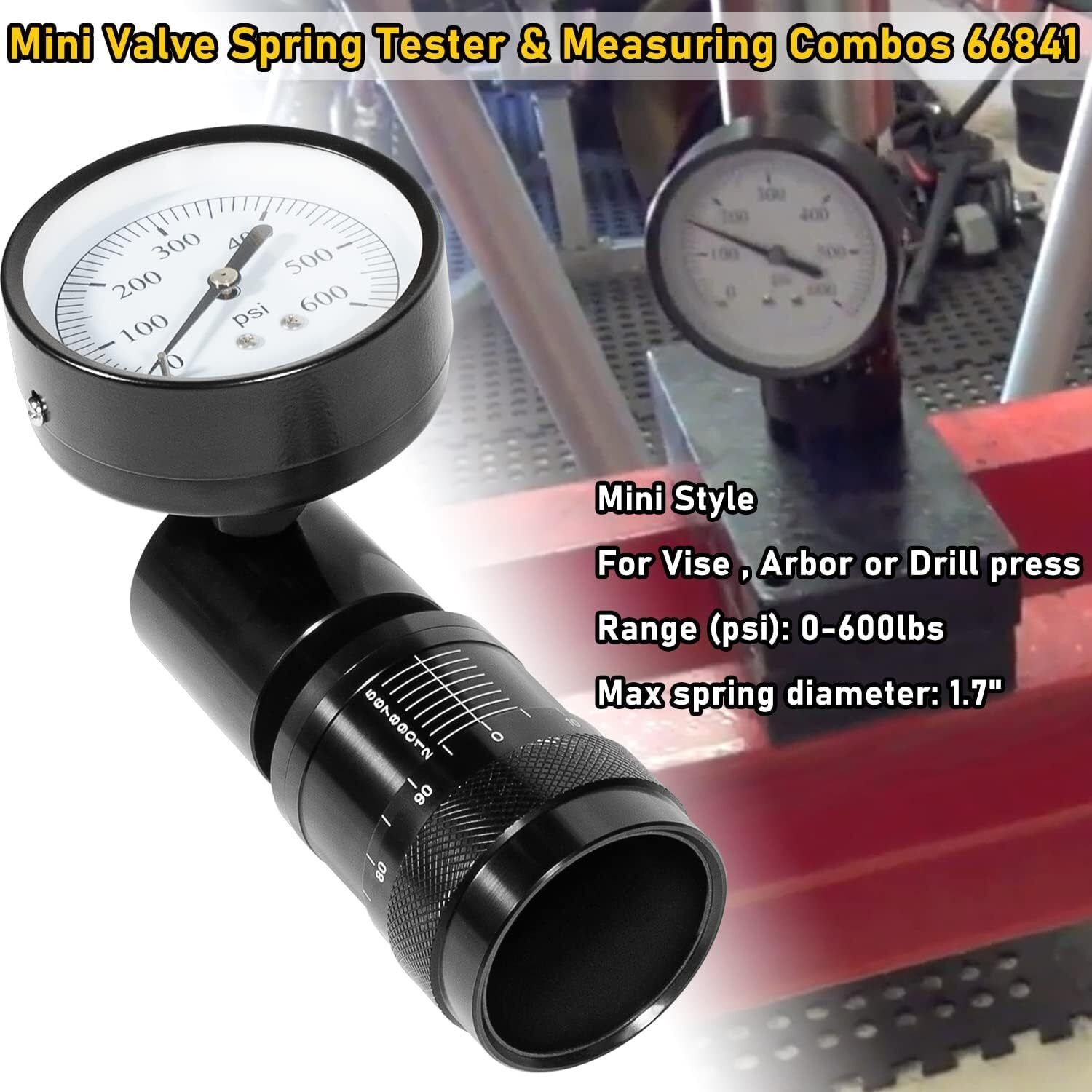 66841 Mini Valve Spring Tester & Measuring Combo, Round Dial Range 0-600LB,Black