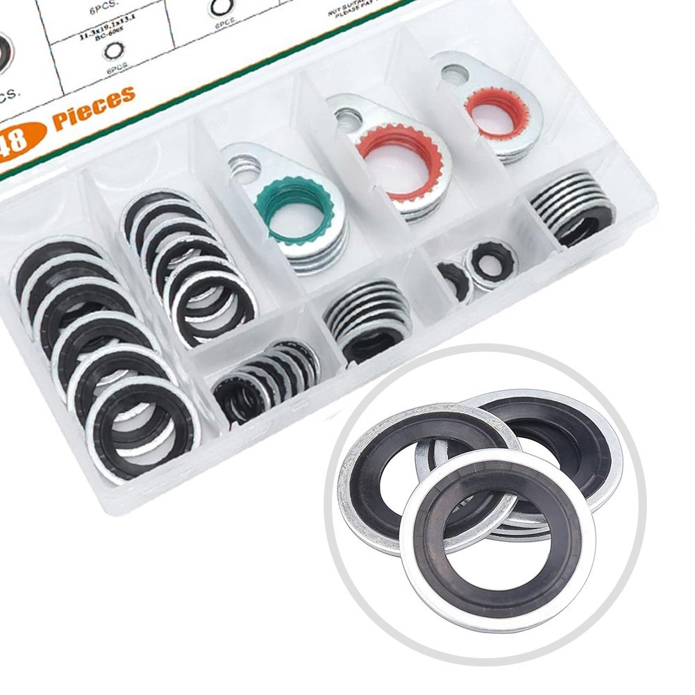 48PCS Car AC Compressor Gasket Seals Kit Made of Metal Ring and Rubber Gasket