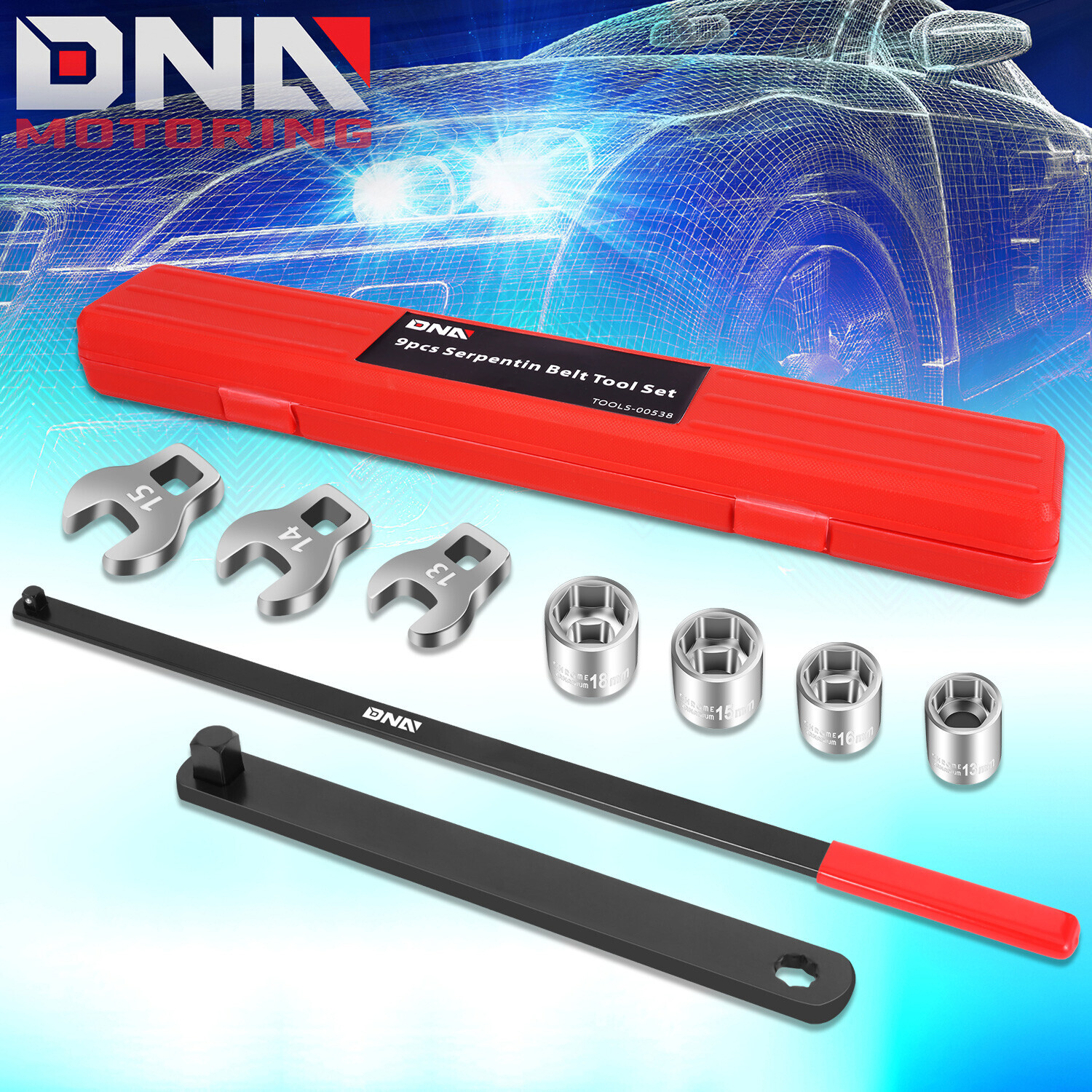 9Pc 9″/23″ Bar 1/2″/3/8″ Square Drive Serpentin Belt Tool Kit Set w/Storage Box