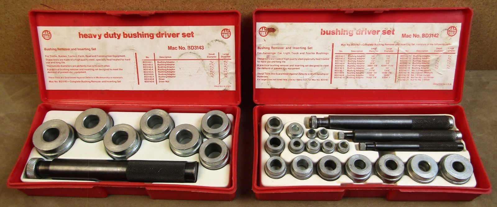 2 MAC TOOLS NO.BD3142 & BD3143 BUSHING DRIVER SETS HEAVY DUTY 3/8″ to 1-7/8″