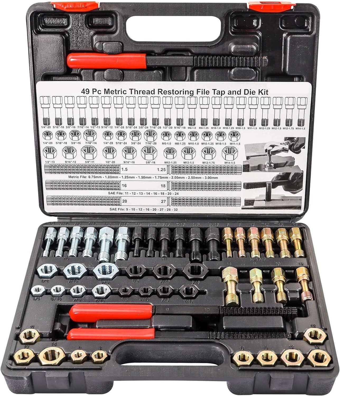 49PC Thread Repair UNC UNF Metric Thread Chaser Restorer Kit with Tap Dies