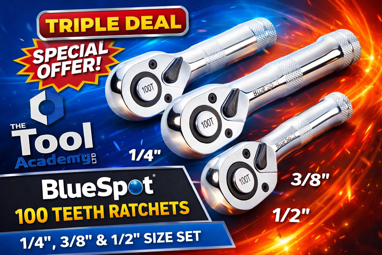 Blue Spot Tools Stubby Ratchet Set 1/4 3/8 1/2 100 Teeth