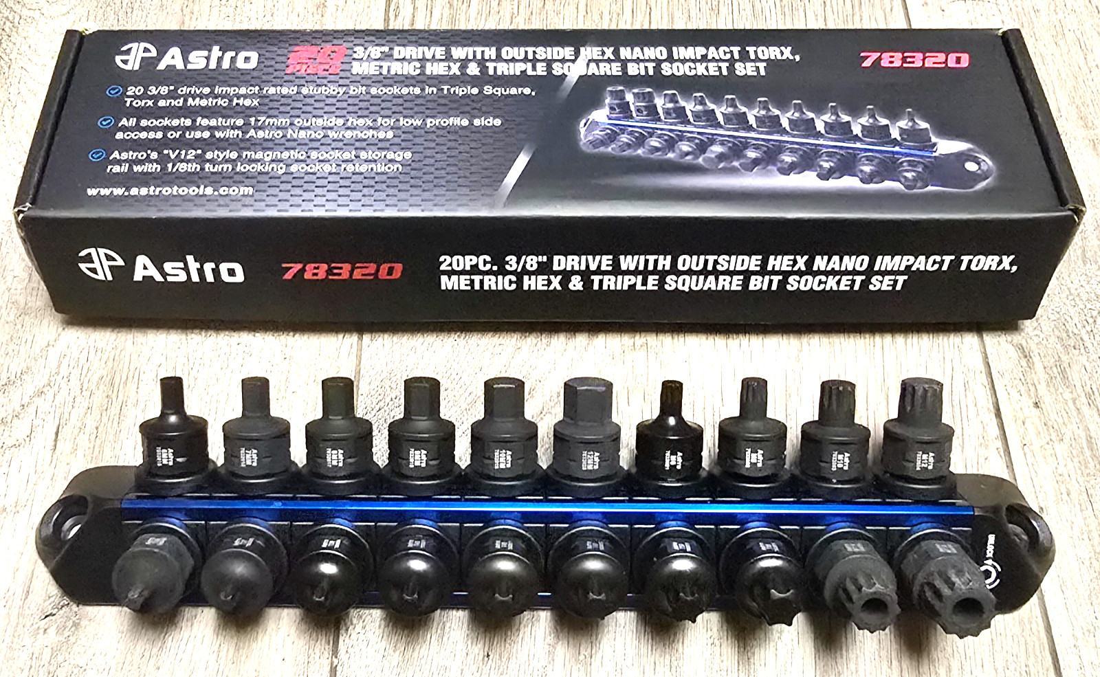 Astro Tools 20pc Master 3/8″dr/ 17mm Nano Dual Drive Bit Socket Set + Rail 78320