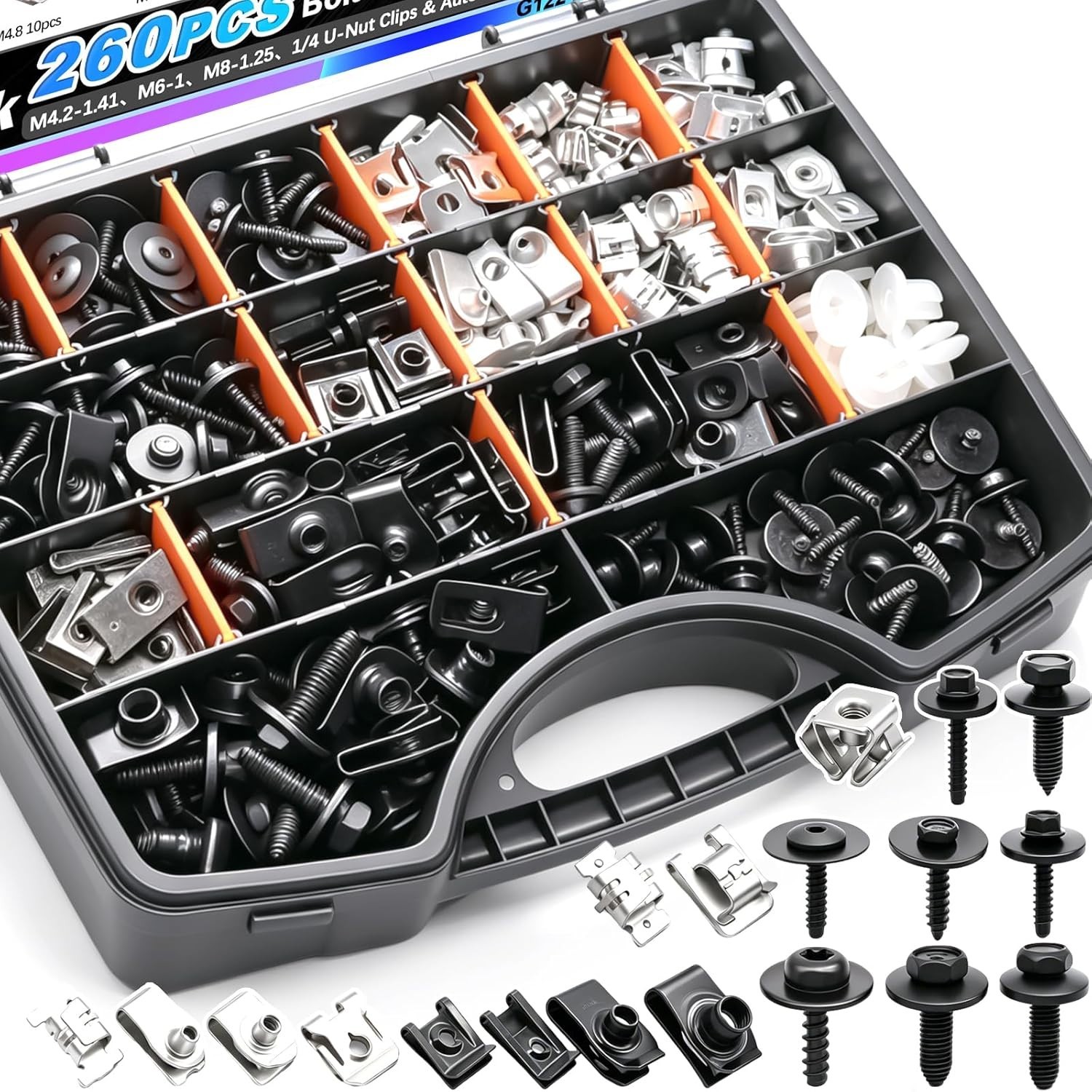260PCS U-Nut Clips & Automotive Body Fender Bolts Kit,for Most Cars Fender,En…