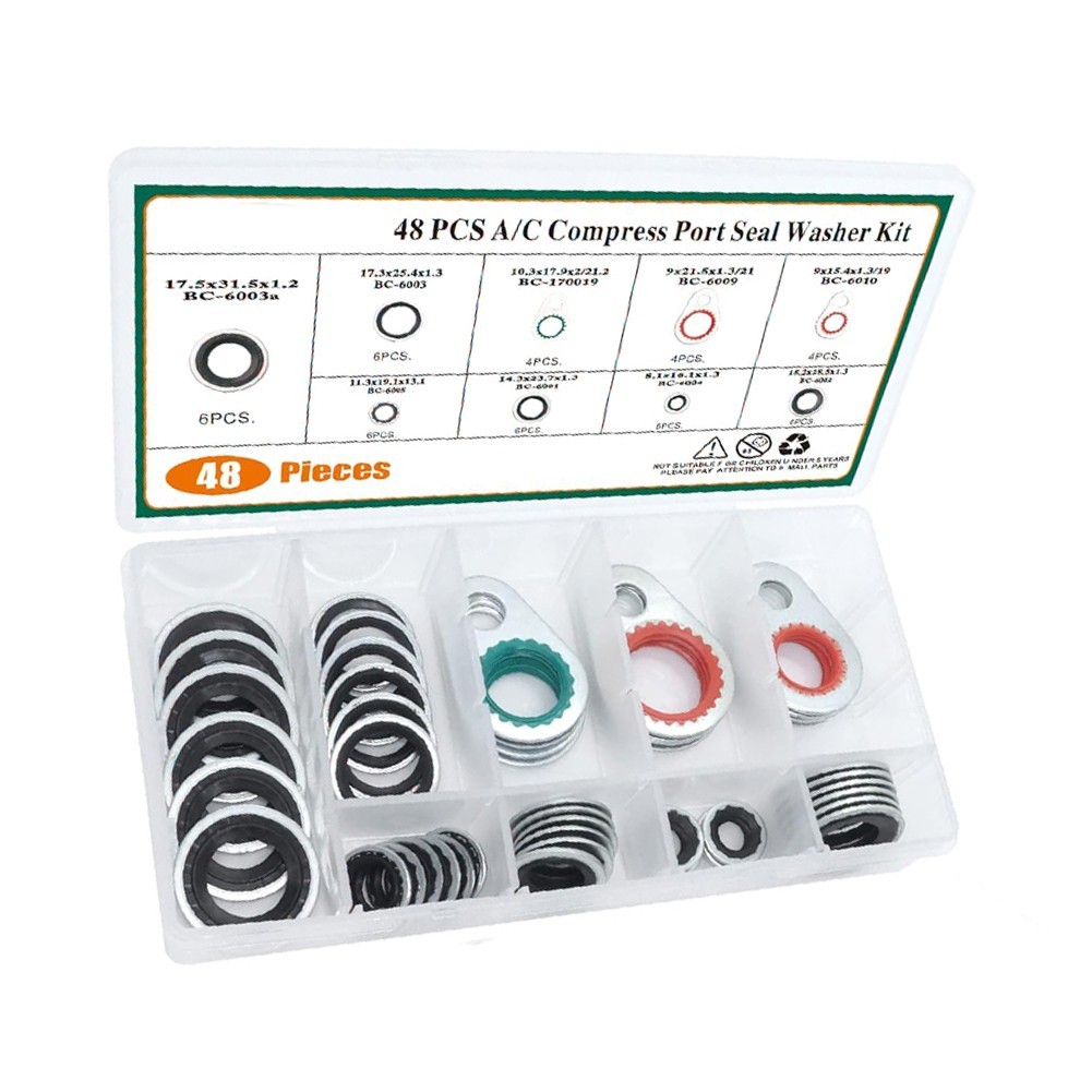 48PCS Car AC Compressor Gasket Seals Kit Made of Metal Ring and Rubber Gasket