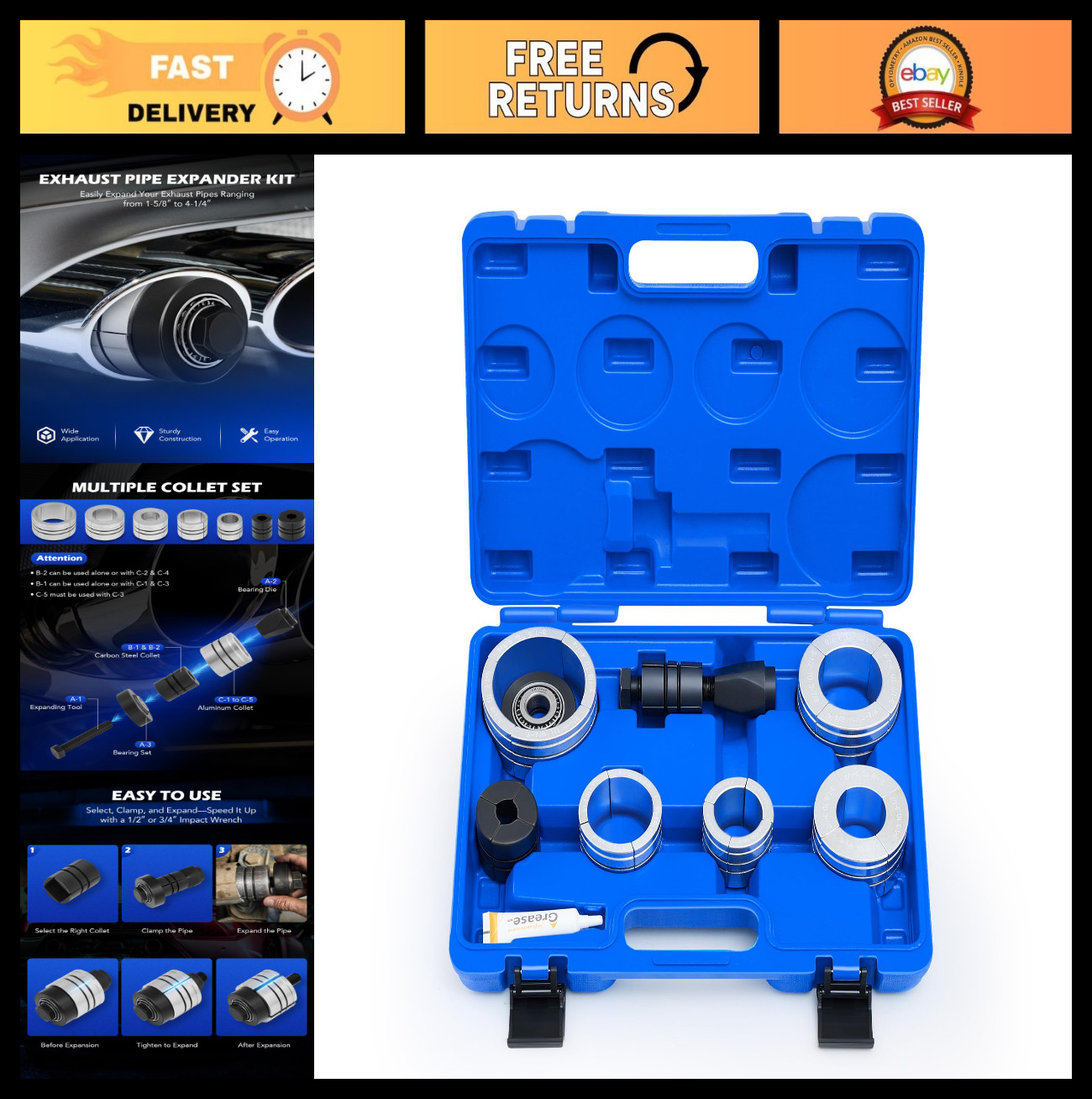 Exhaust Pipe Expander Tool Kit 1-5/8″ to 4-1/4″ | Muffler Spreader & Storage Cas