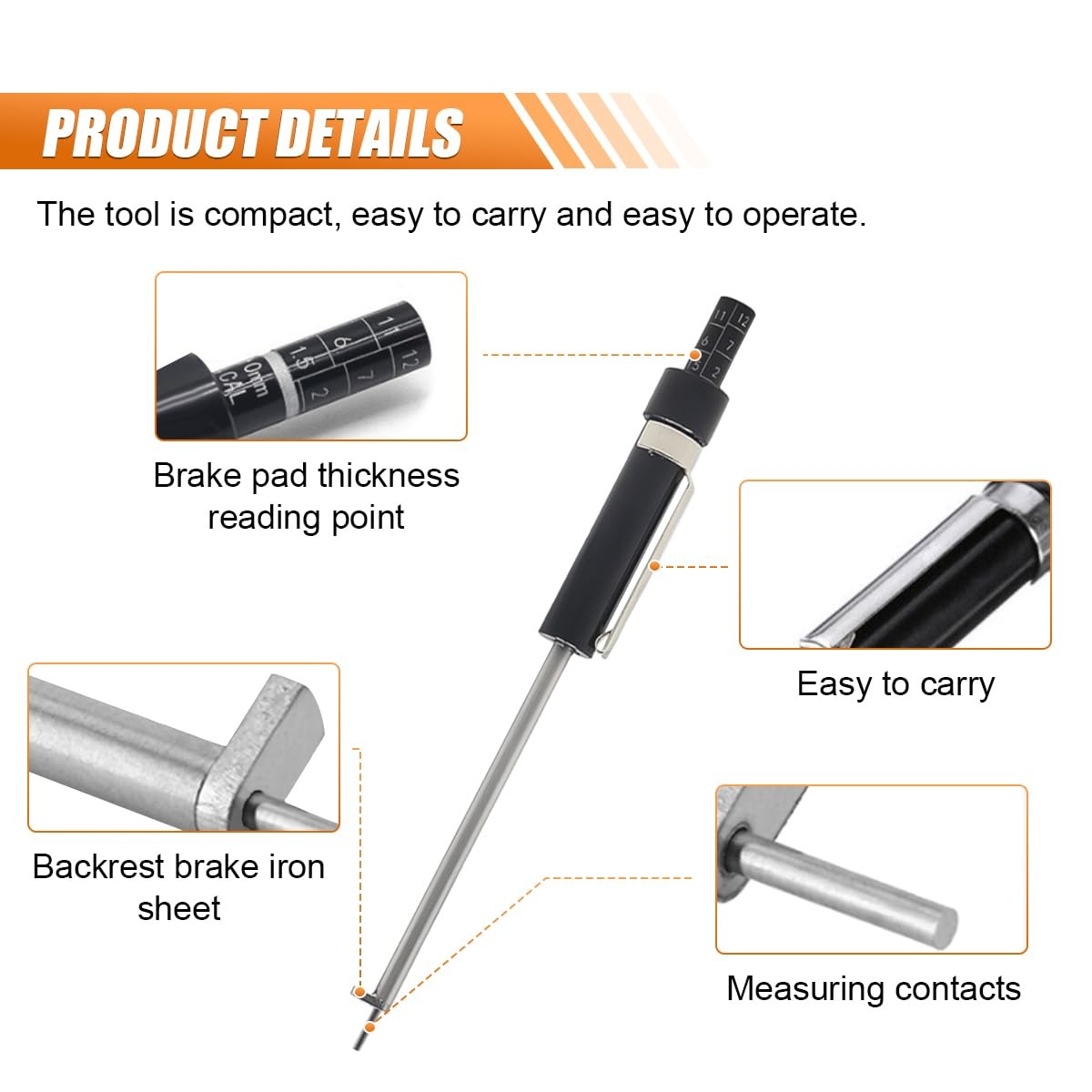 Brake Pad Thickness Gauge Measure Tool Scale Detection Pen Tire Tread 1.5mm