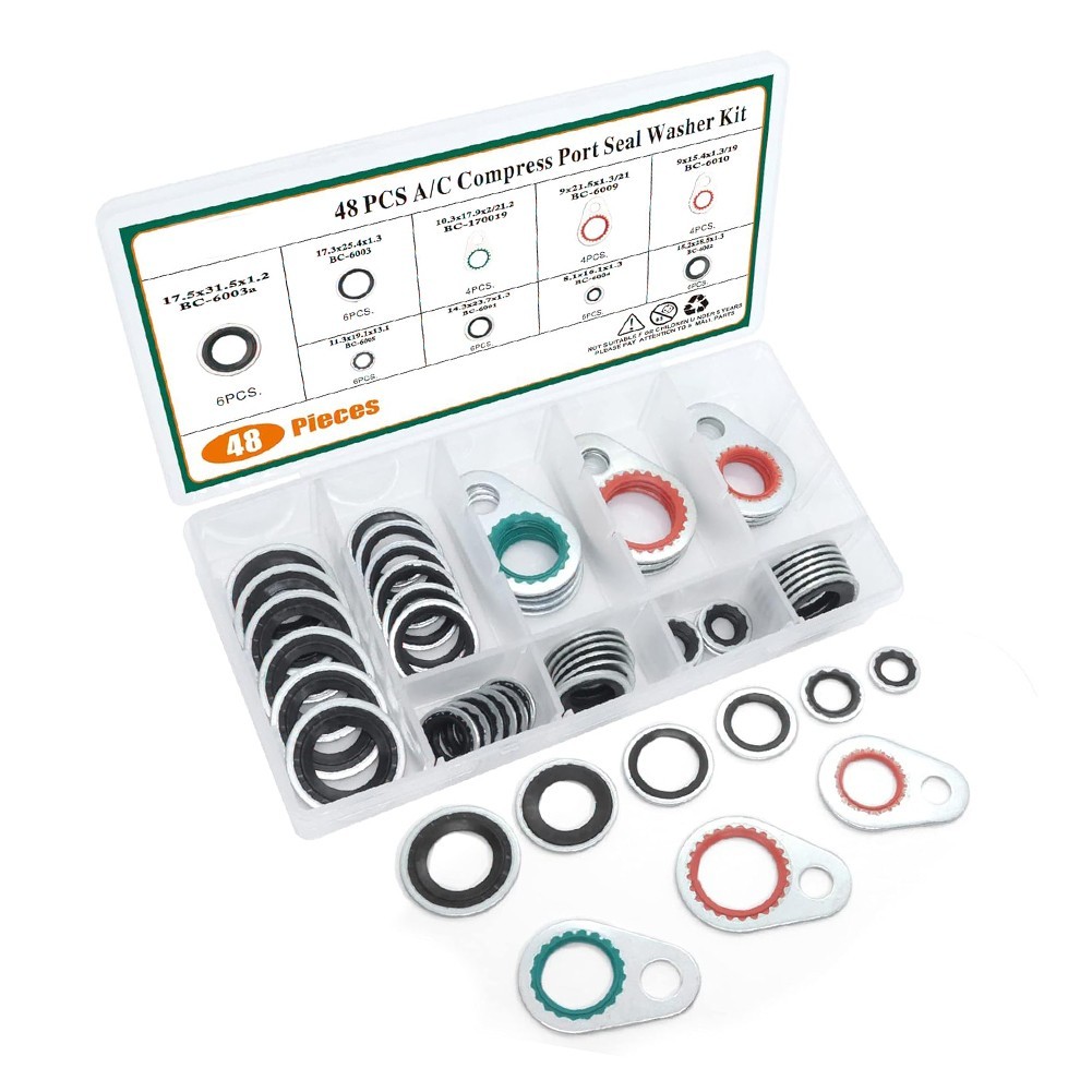 48PCS Car AC Compressor Gasket Seals Kit Made of Metal Ring and Rubber Gasket
