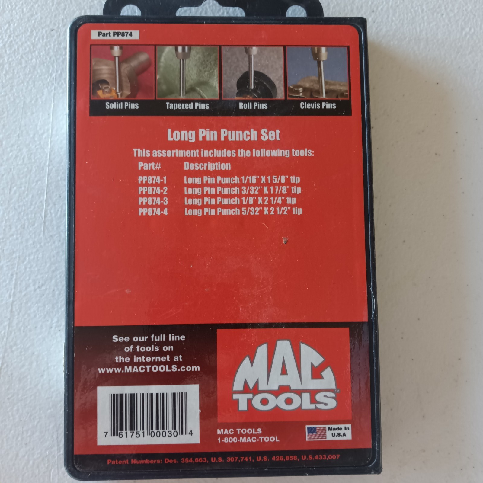 MAC TOOLS 4 PIECE LONG PIN PUNCH SET w/ Ringed Grip PP874