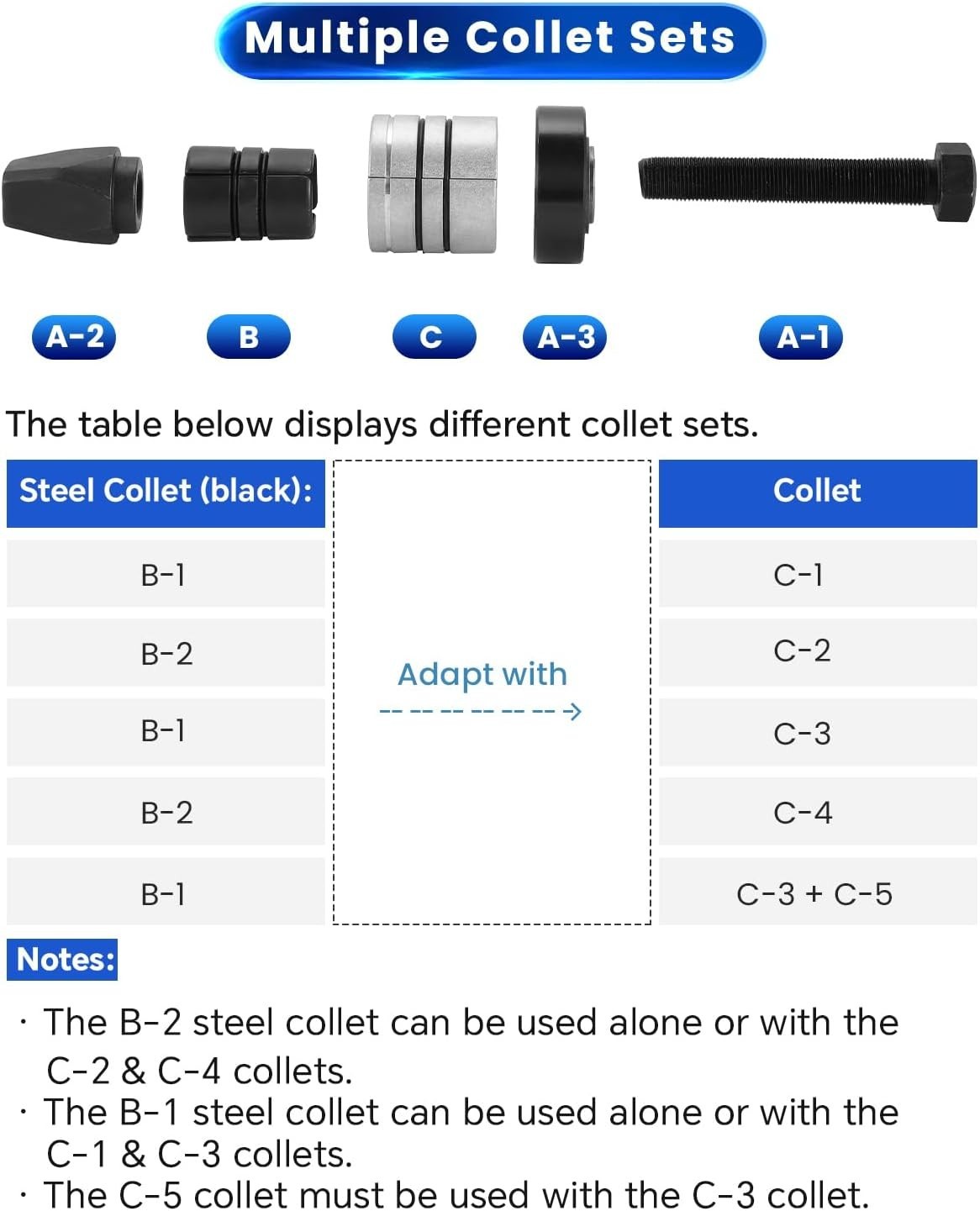 Muffler Pipe Expander Tool Set with Various Collet Sizes for Exhaust Adjustments