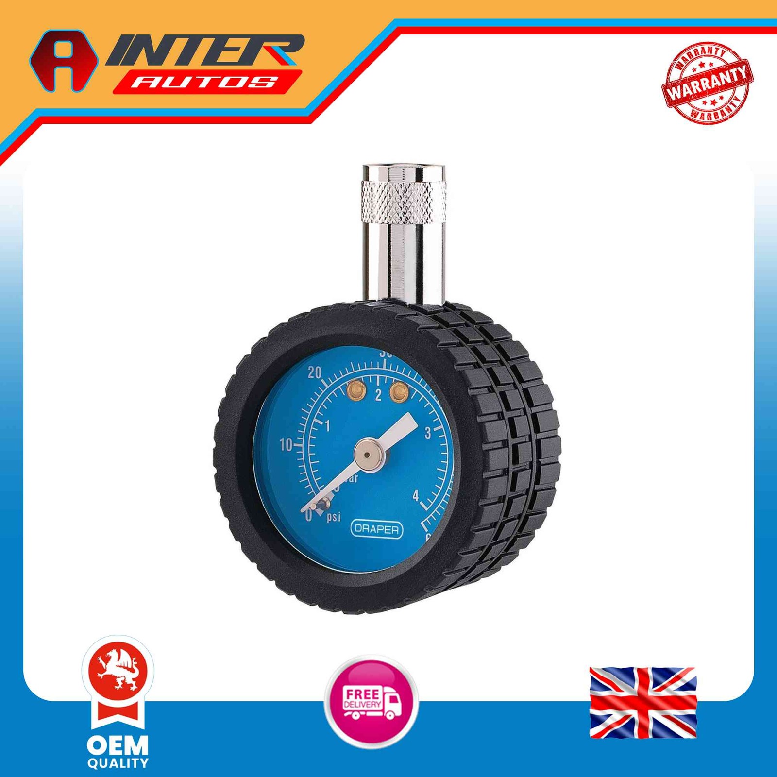 Draper Tyre Pressure Gauge TPG5, 0 – 60psi, 0 – 4 bar 91364