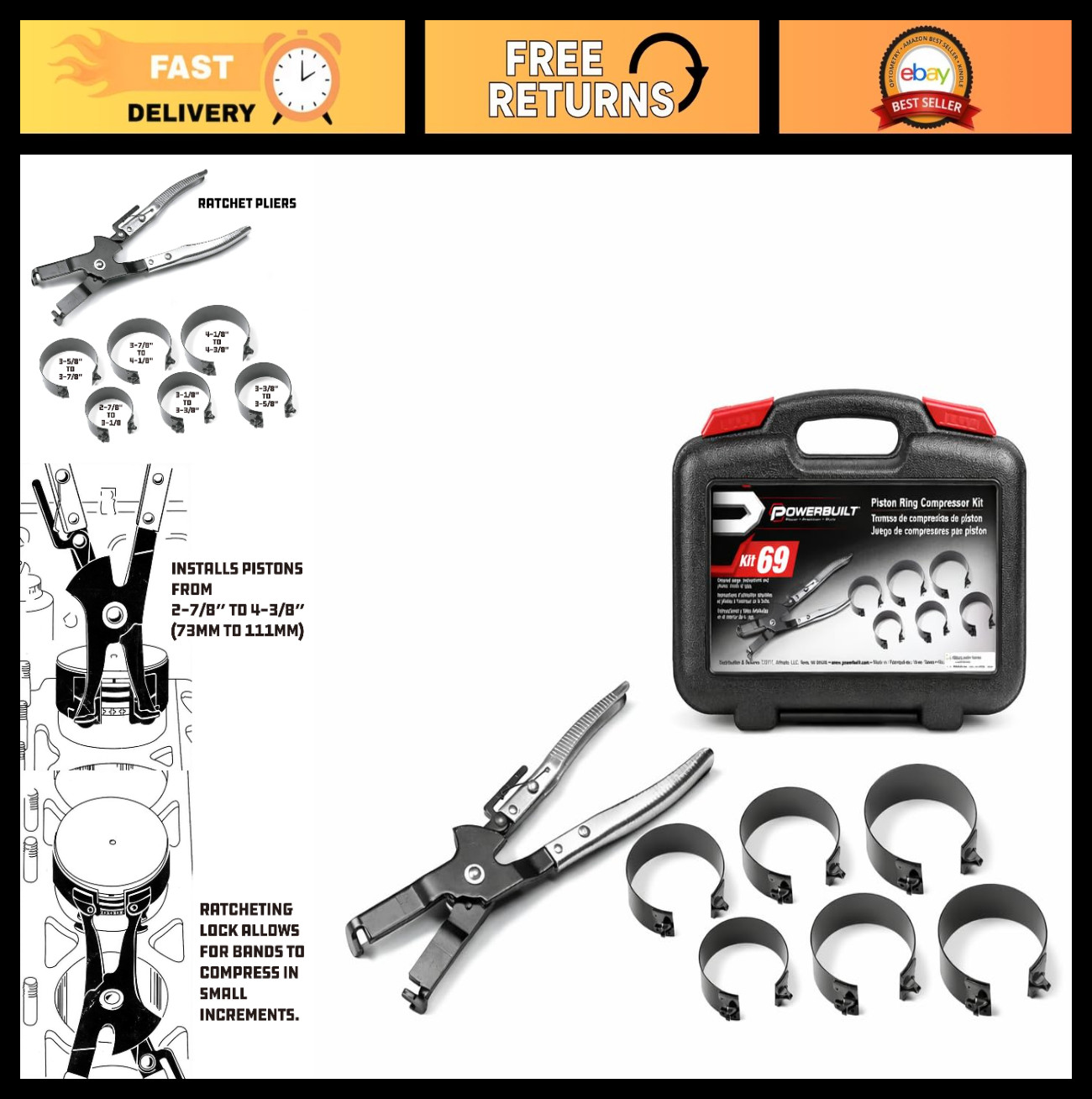 Piston Ring Compressor Tool Set for Car Engine Maintenance, Clamps & Ratchet Pli