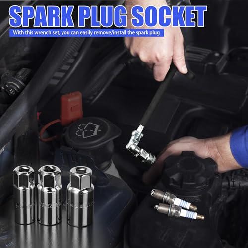3/8” T-Handle Spark Plug 16/18/21 mm, 4 Pieces Flexible Spark Plug Socket Set,