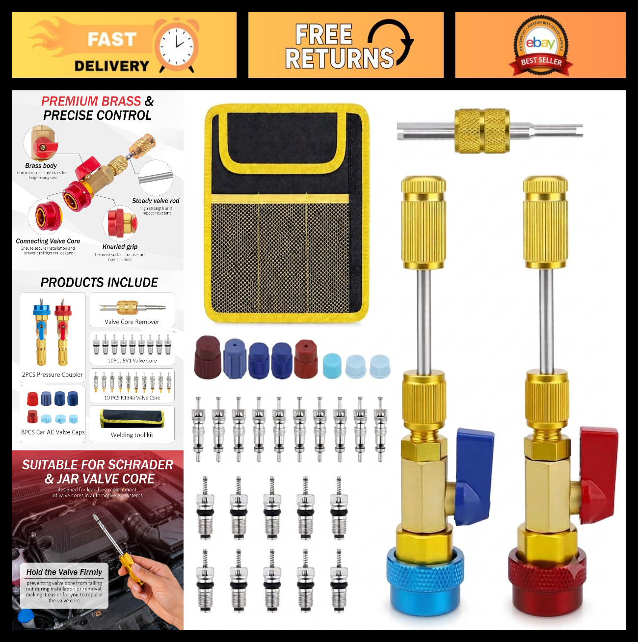 31PCS R134a A/C Valve Core Removal Tool Kit – High/Low Pressure, Leak-Proof, Ext