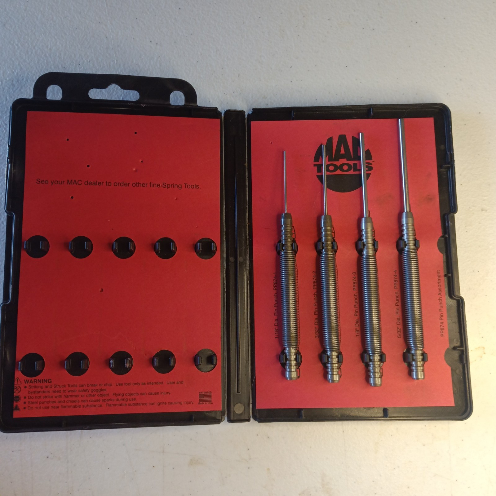 MAC TOOLS 4 PIECE LONG PIN PUNCH SET w/ Ringed Grip PP874