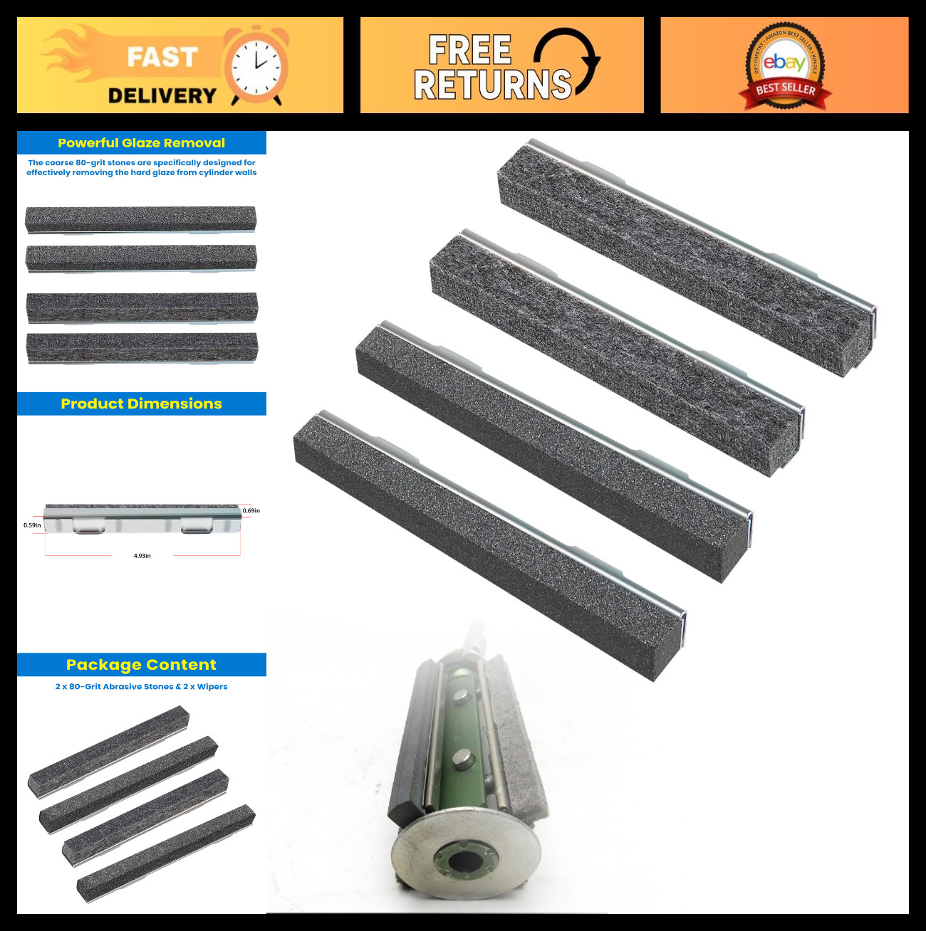 80-Grit Cylinder Hone Replacement Kit – 2 Stones & 2 Wipers for Engine Repair