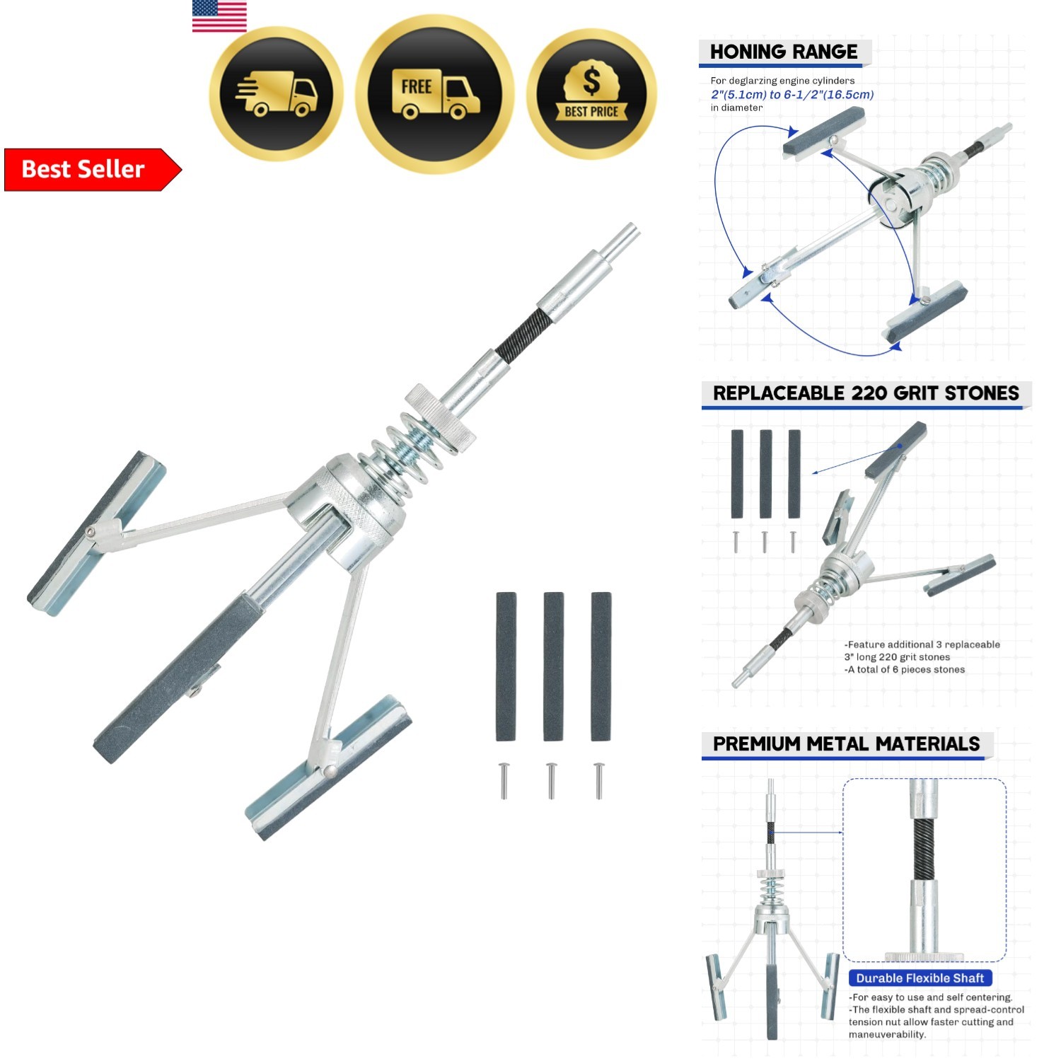 Engine Cylinder Hone Tool 2 to 6-1/2 Inch Adjustable Deglazer with 6 Stones