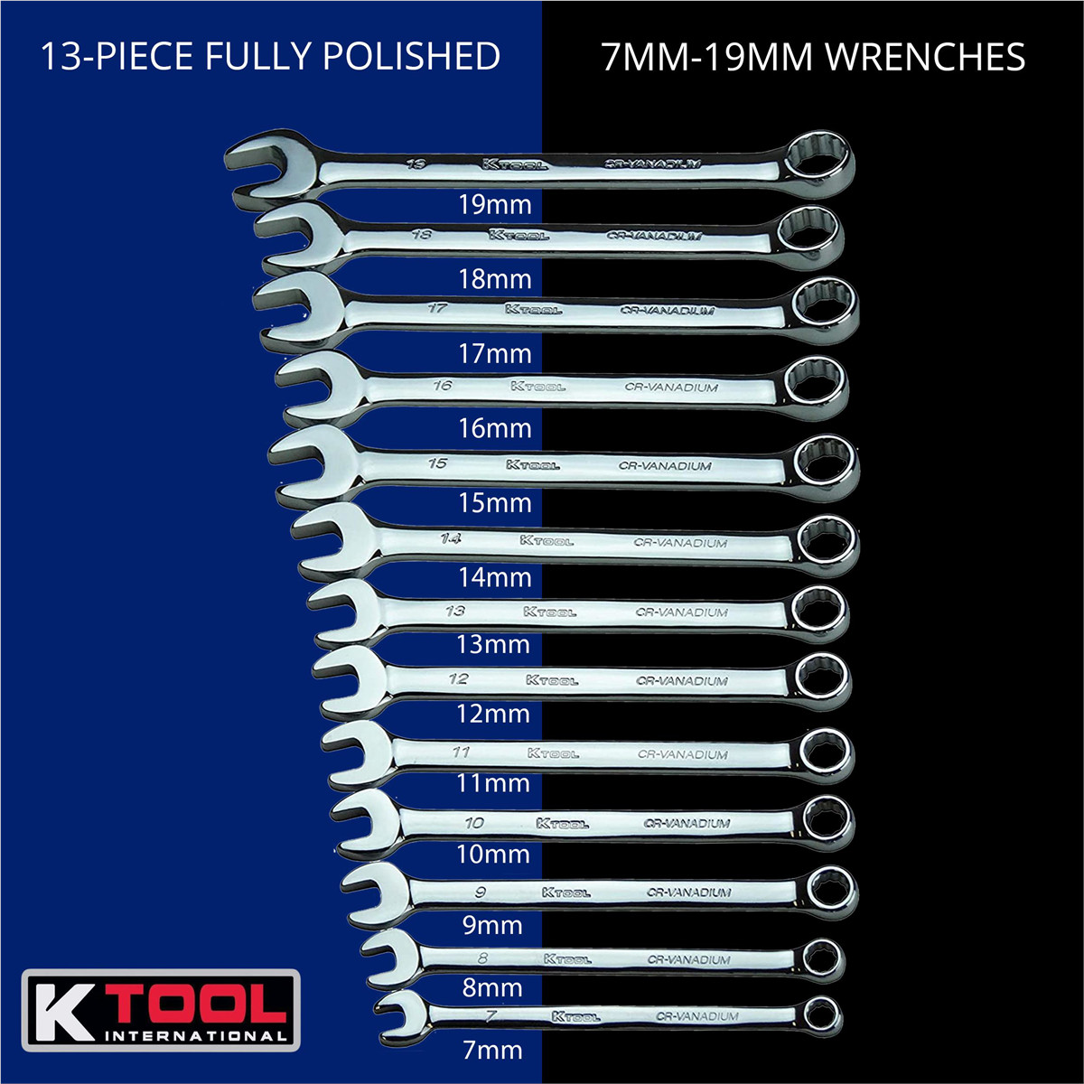 K-Tool 41800 Metric Combo Wrench Set, 13-pc, Sizes (7mm-19mm Wrenches)