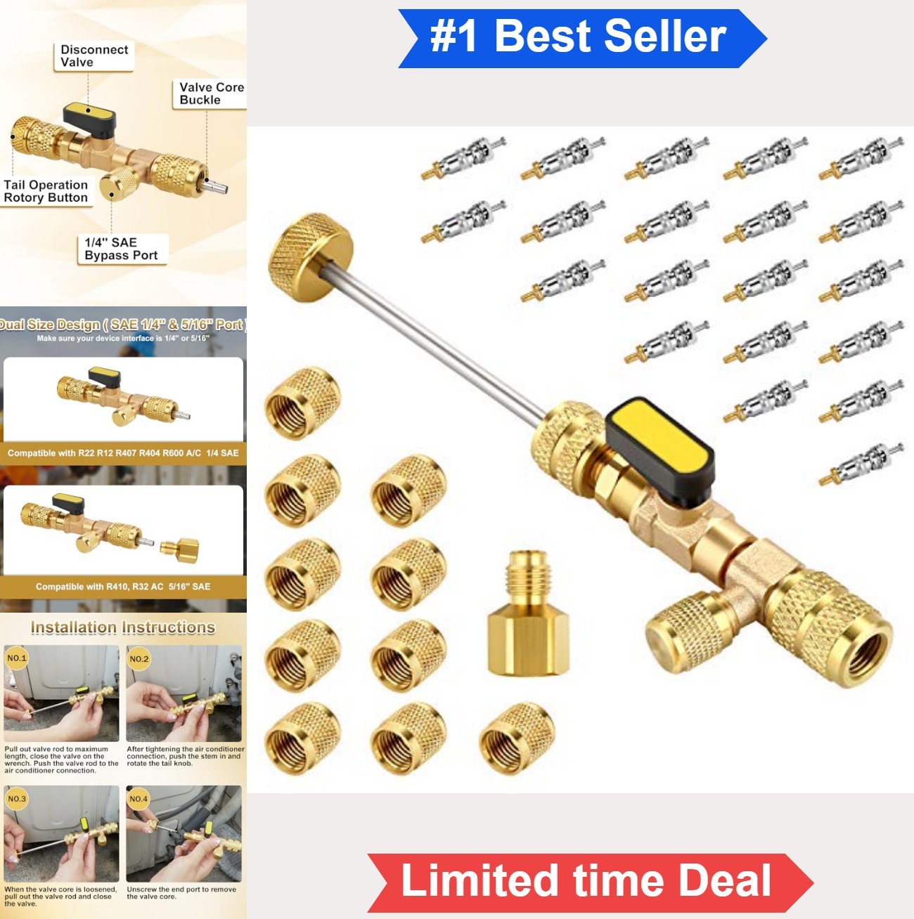 Valve Core Remover Installer Tool SAE 1/4 5/16 Port 20 Cores 10 Brass Nuts