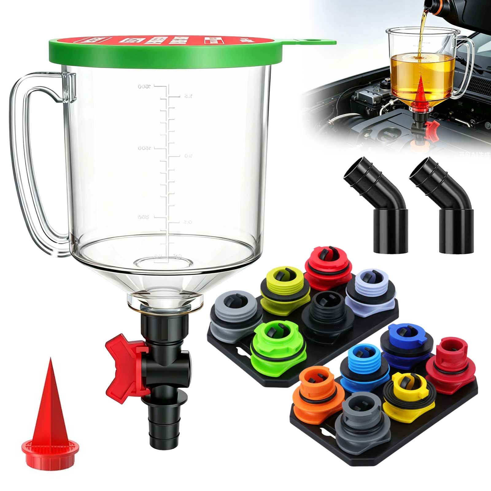 18 Piece Engine Oil Funnel Kit 1.5L Hands-Free w/ 12 Adapters & Trays Automotive
