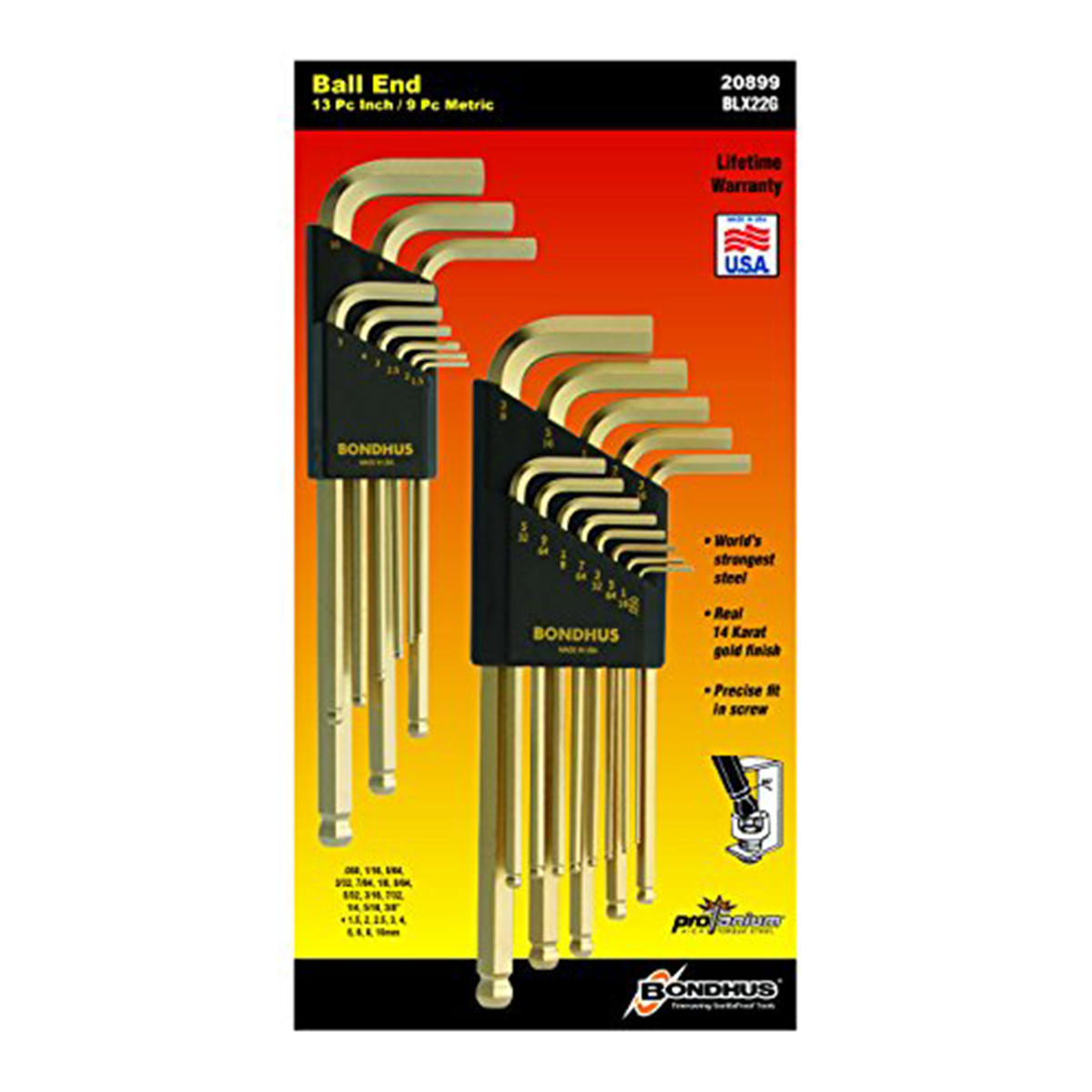 Bondhus 20899 13 Piece Fractional & 9 Piece Metric Hex Ball End Wrench Set