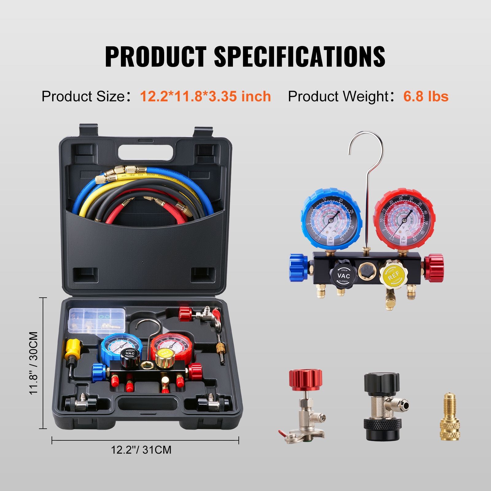 4-Way AC Manifold Gauge Set R134A R22 R12 R410A, 5ft Hoses for Auto RV
