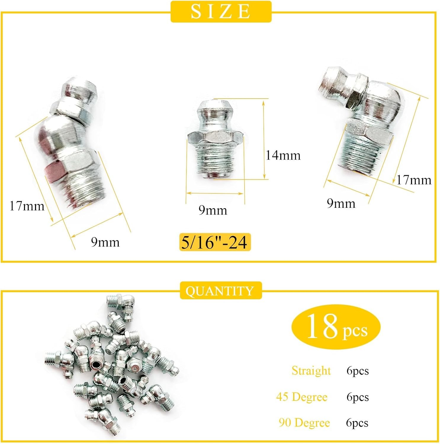 5/16″-24 18Pcs Grease Fitting Assortment Straight 5/16"-24 18Pcs, Sliver