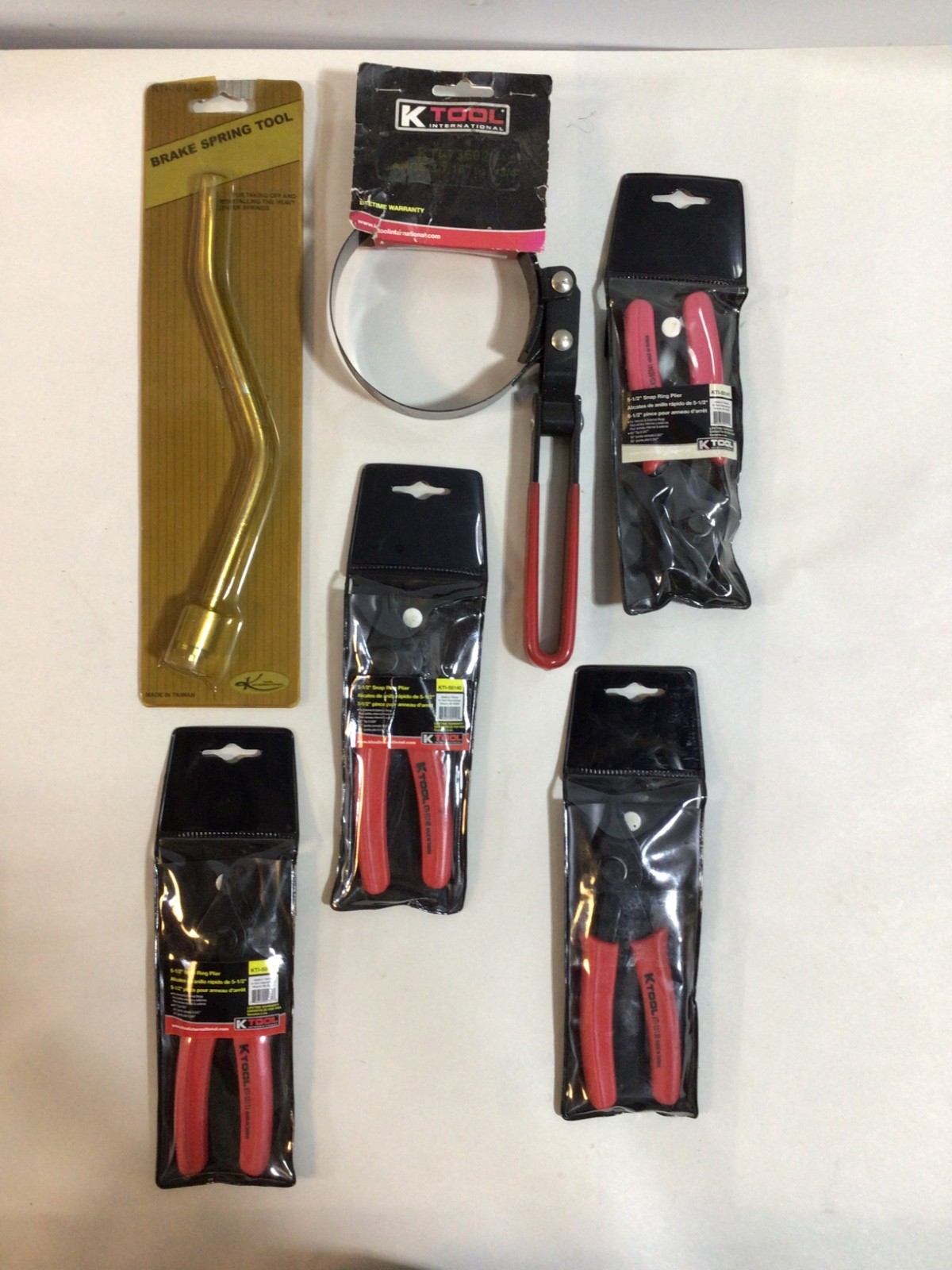 K Tool Lot of 6 Snap Ring Pliers-Brake Spring Tool And Oil Filter wrench