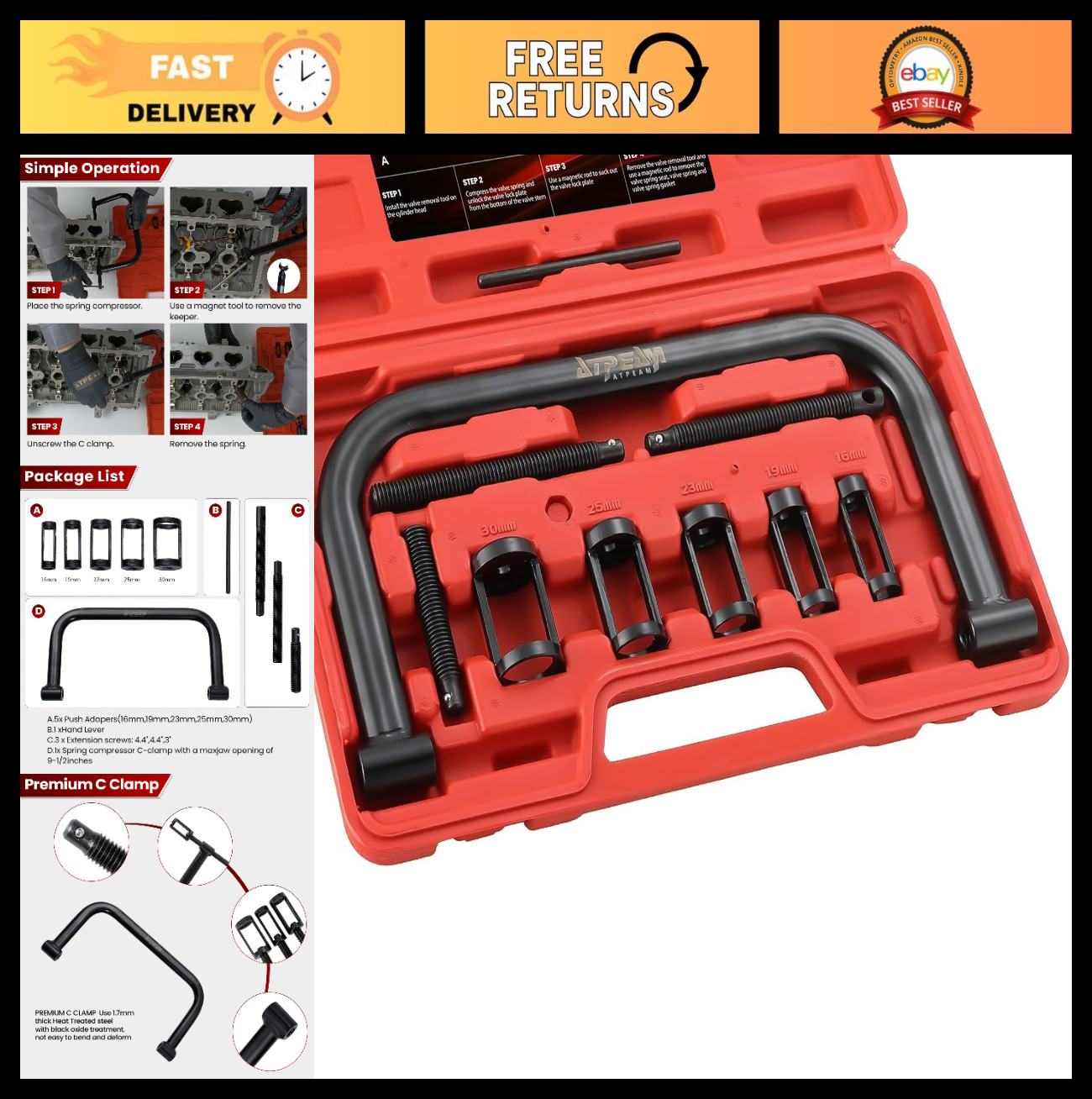Valve Spring Compressor Tool Set for Motorcycle ATV & Small Engine – 9.5″ Jaw, 4