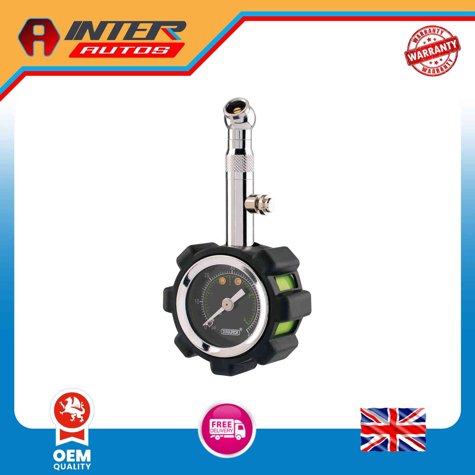 Draper Tyre Pressure Gauge TPGP, 0 – 60psi, 0 – 4 bar 91365