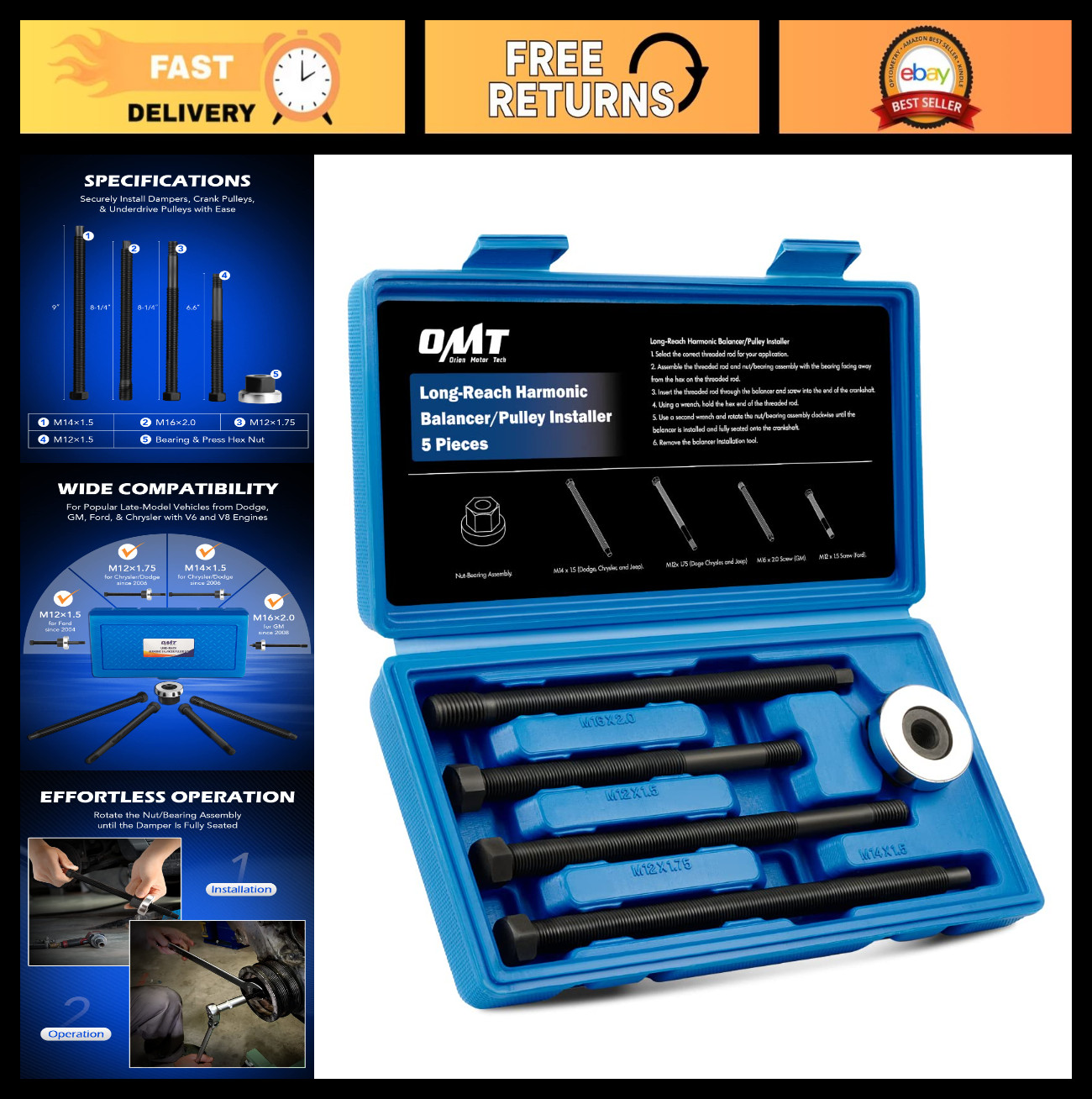 5pc Harmonic Balancer Installer Set | Long Reach Crank Pulley Tool Kit with Adap