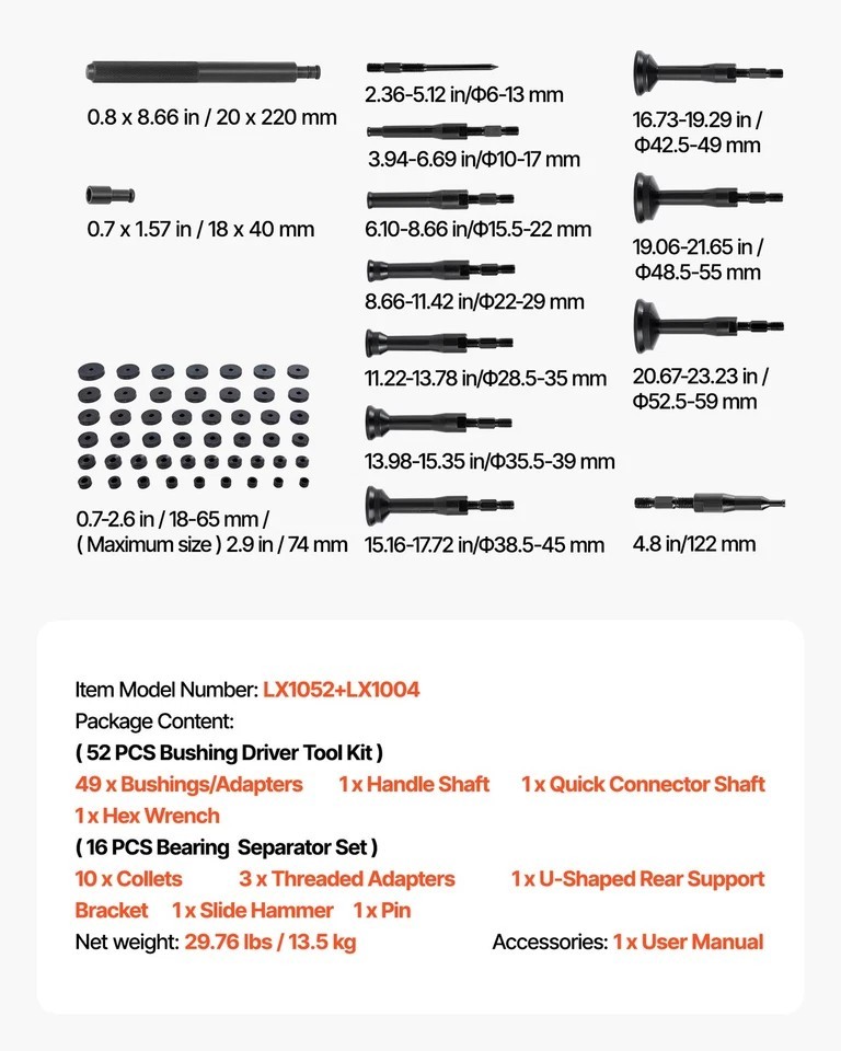 Bearing Press Kit Bushing Bearing Seal Driver Removal Tool Set 52+16 Pcs