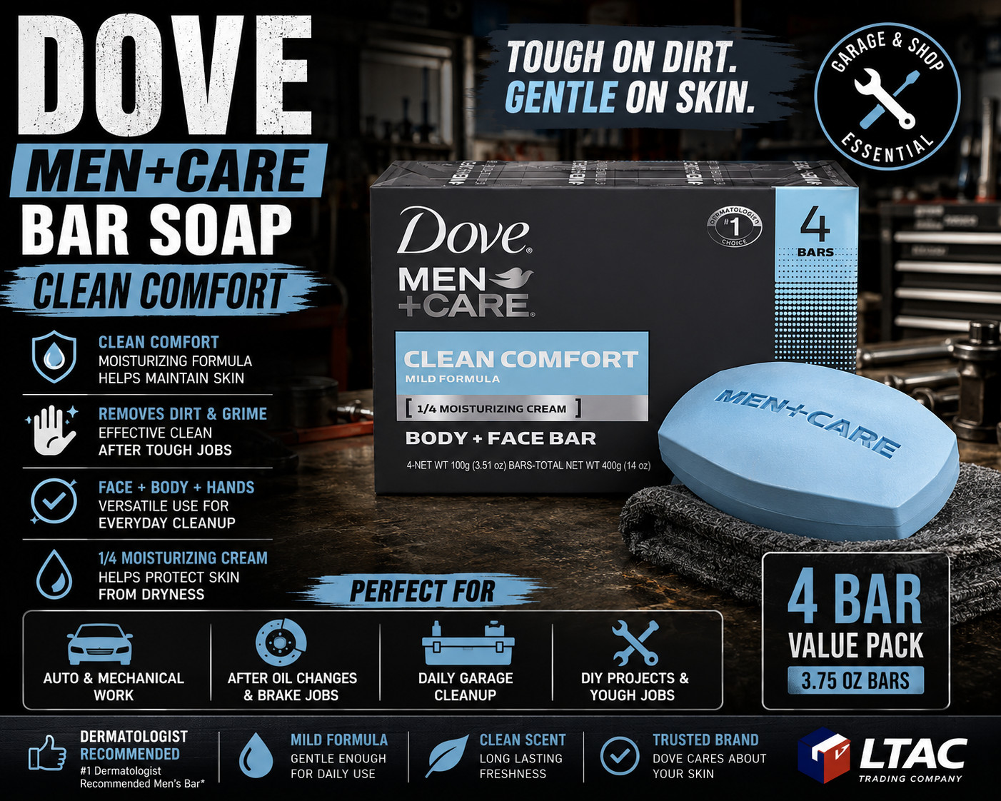 Dove Men+Care Bar Soap 4 Pack Clean Comfort Garage Shop Use Mechanics Body Face