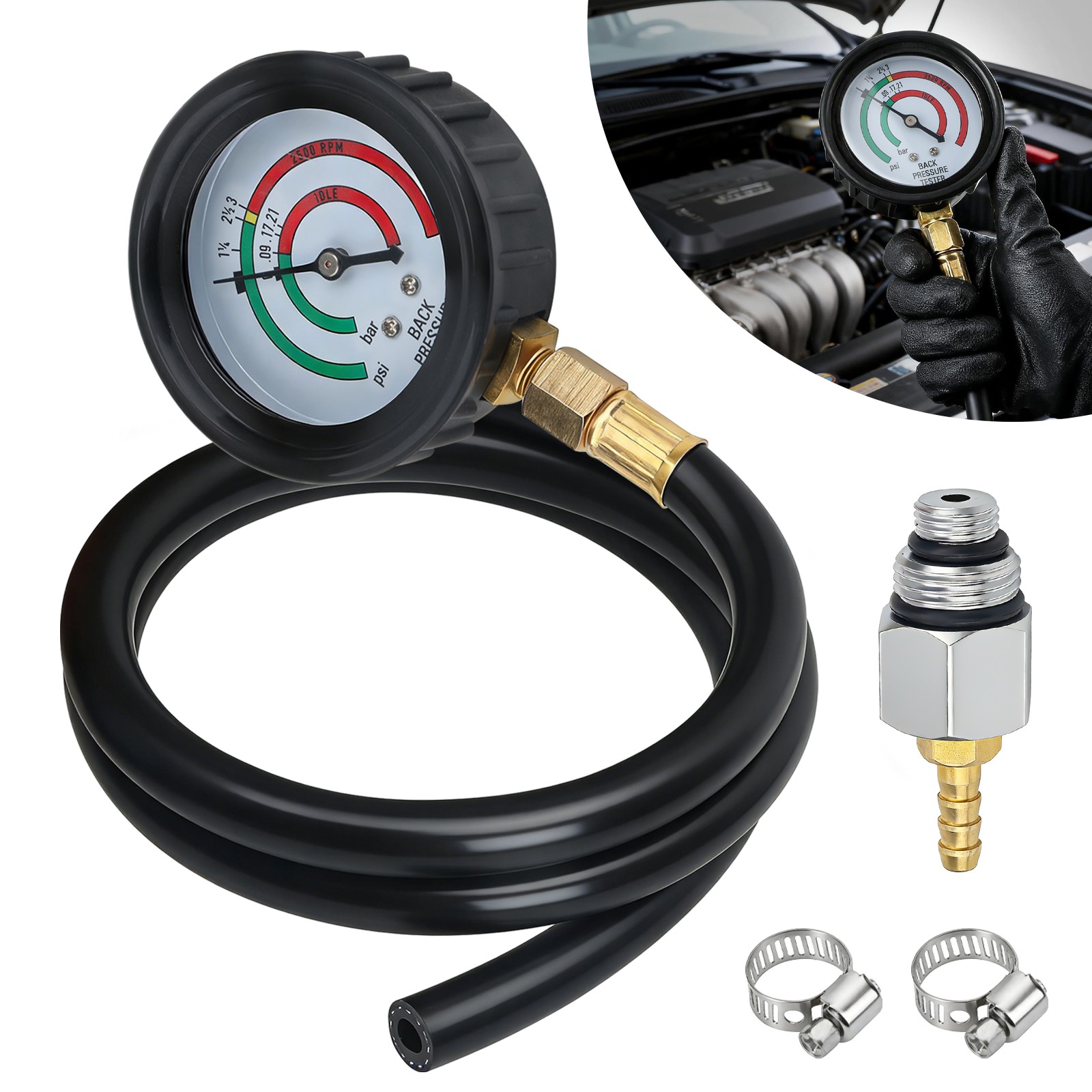 Car Exhaust Back Pressure Tester Gauge w/ M12 M18 Adapters for Auto Diagnostics
