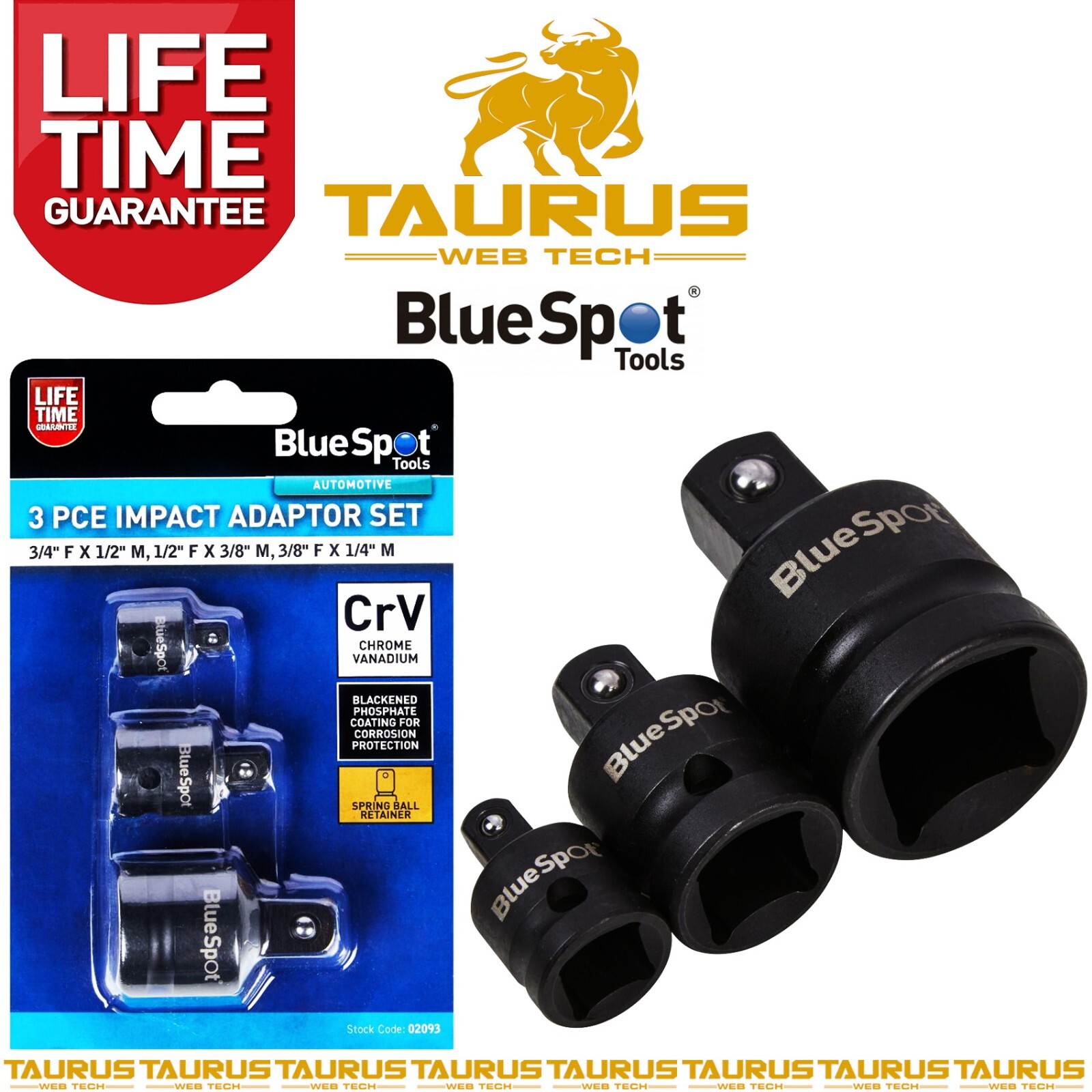 3x BlueSpot Impact Adaptor Socket Reducer Set Female To Male Drive Hand Tools UK