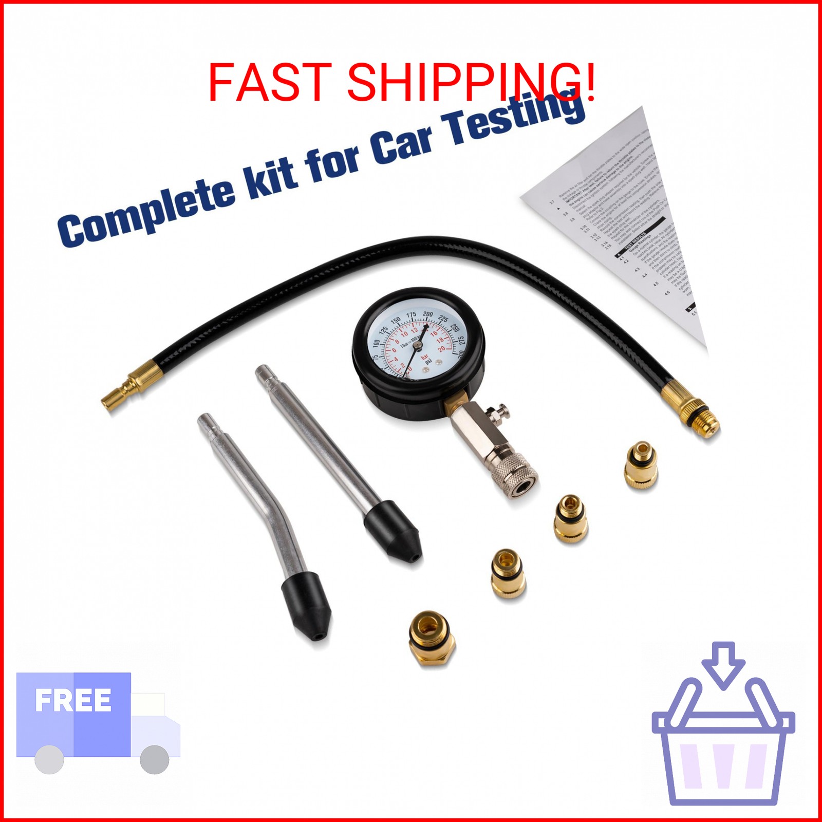 8 pcs Compression Tester Kit, Petrol Pressure Tester Range of 0-300 Psi Engine C