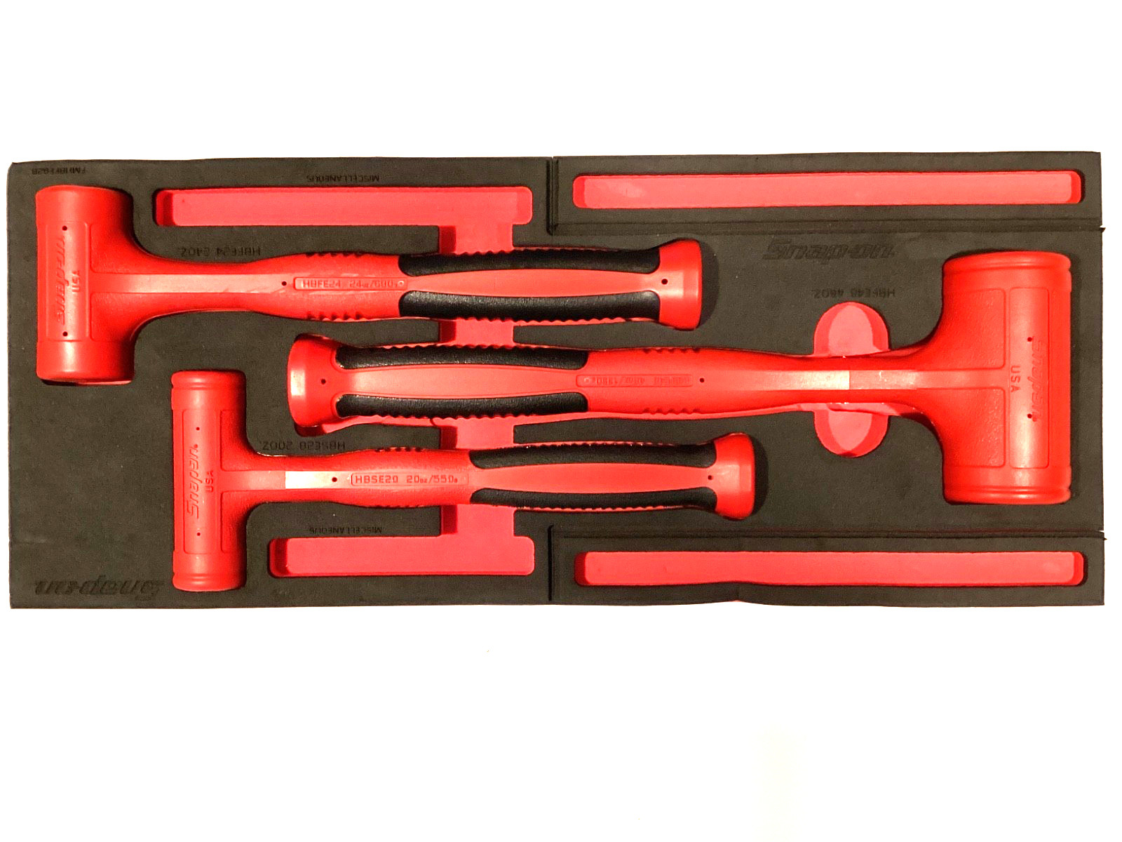 Snap On 3 Piece RED Soft Grip Dead Blow Hammer Set With FOAM Tray HBFE302FR NICE