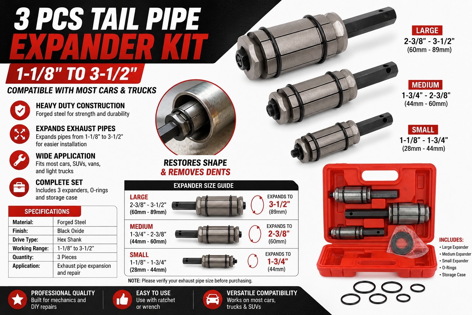 3Pc Tail Pipe Expander Kit 1-1/8″ to 3-1/2″ Exhaust Pipe Spreader Tool Set