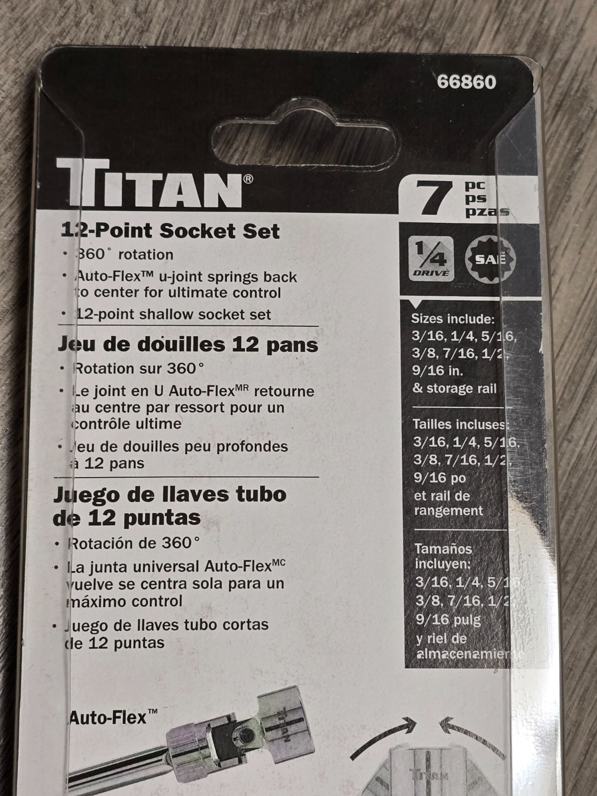 Titan 7pc 1/4″ dr Auto-Flex Spring Loaded 12pt SAE Flex Socket Set w/Rail #66860
