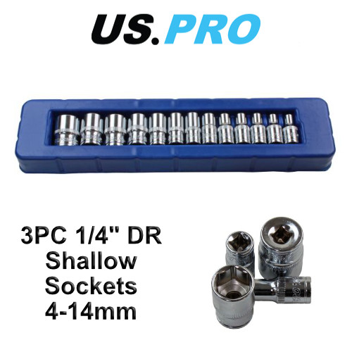 US PRO 13pc 1/4 Drive 6 Point Shallow Sockets 4 – 14mm 2077