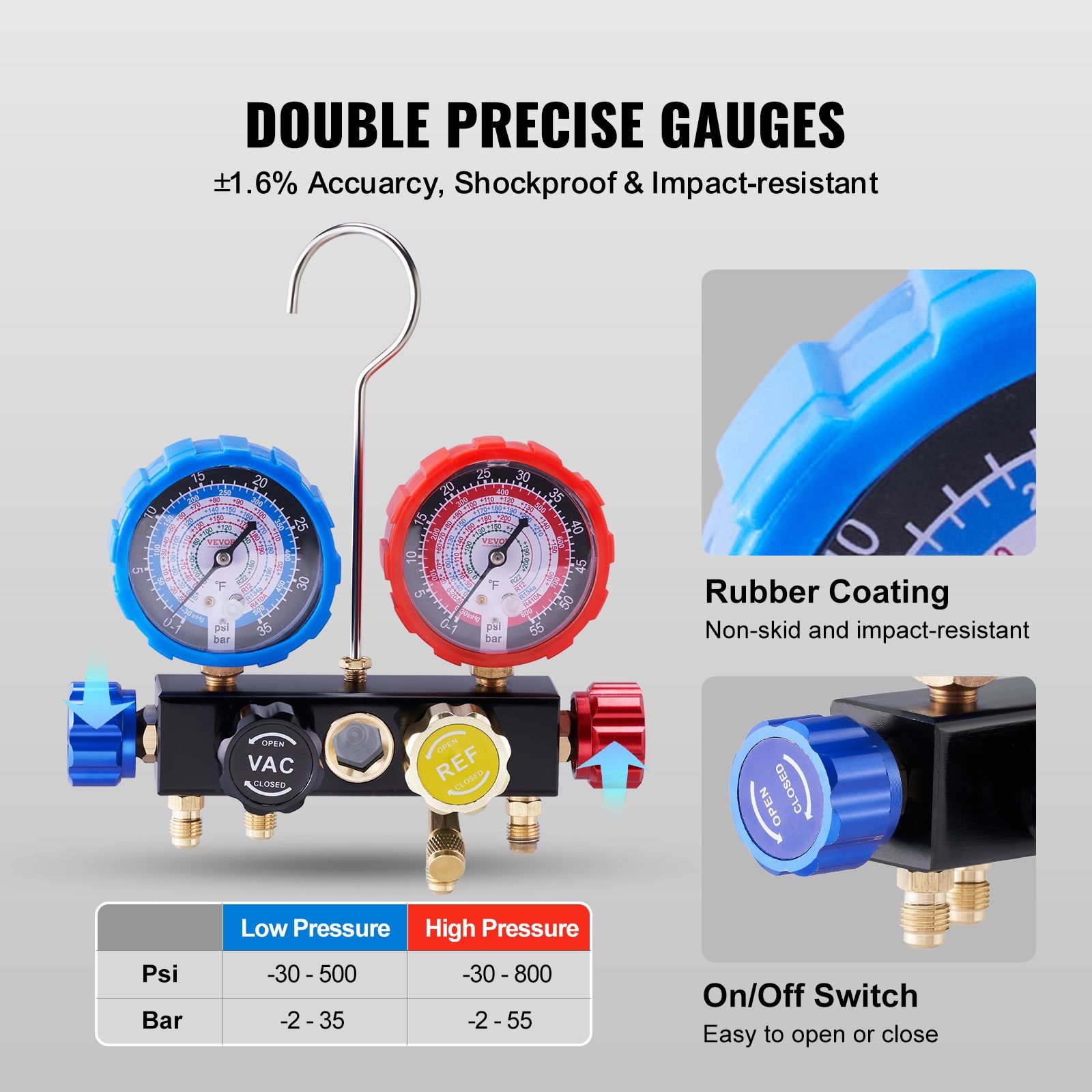 4-Way AC Manifold Gauge Set R134A R22 R12 R410A, 5ft Hoses for Auto RV